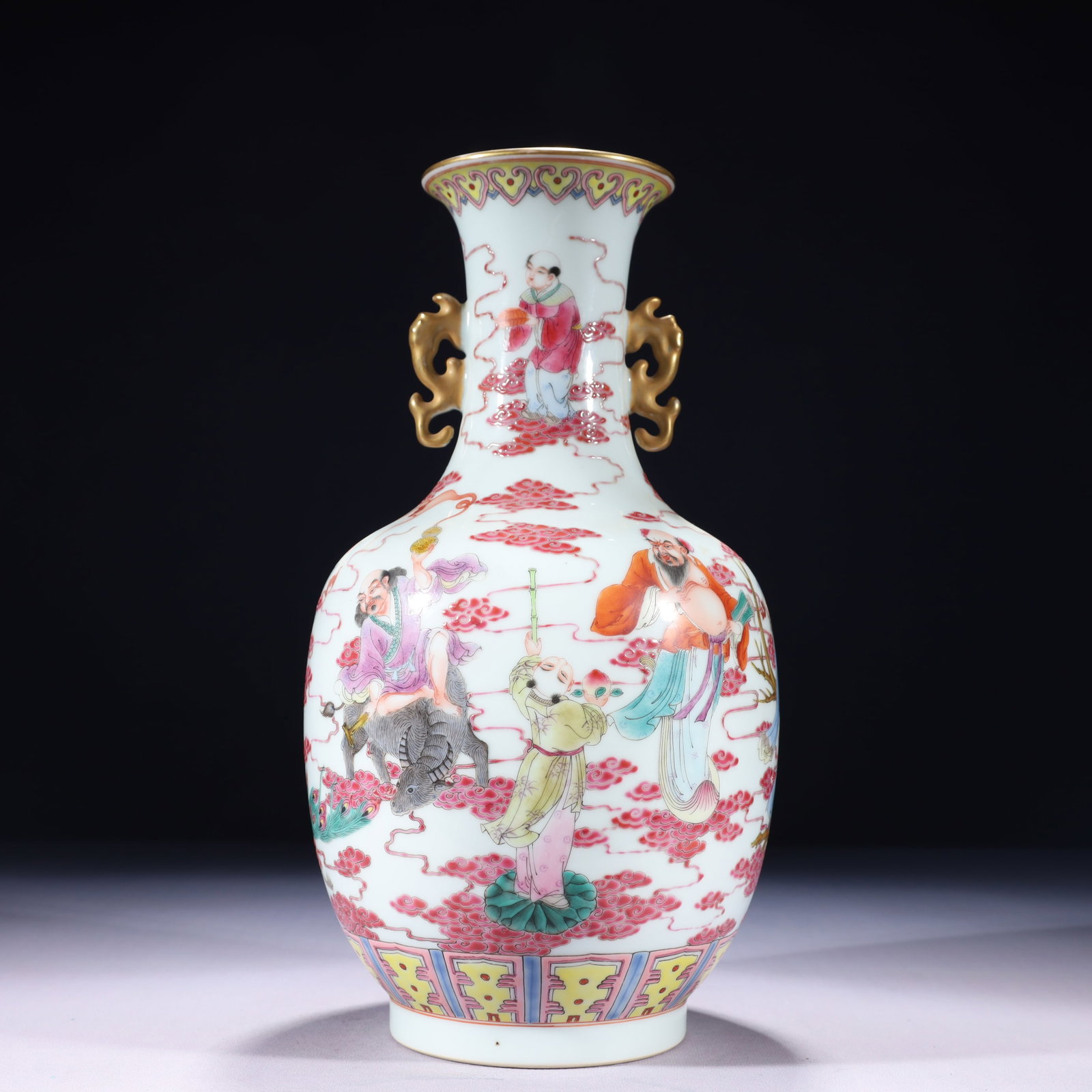 An Exquisite Famille-Rose Painted Gold Character and Story Pattern Double-Ears Vase: An Exquisite Famille-Rose Painted Gold Character and Story Pattern Double-Ears Vase,Qing Dynasty,China,Qianlong Six-character Mark,Size:6.3inx13in,Weight:1690g 粉彩描金人
