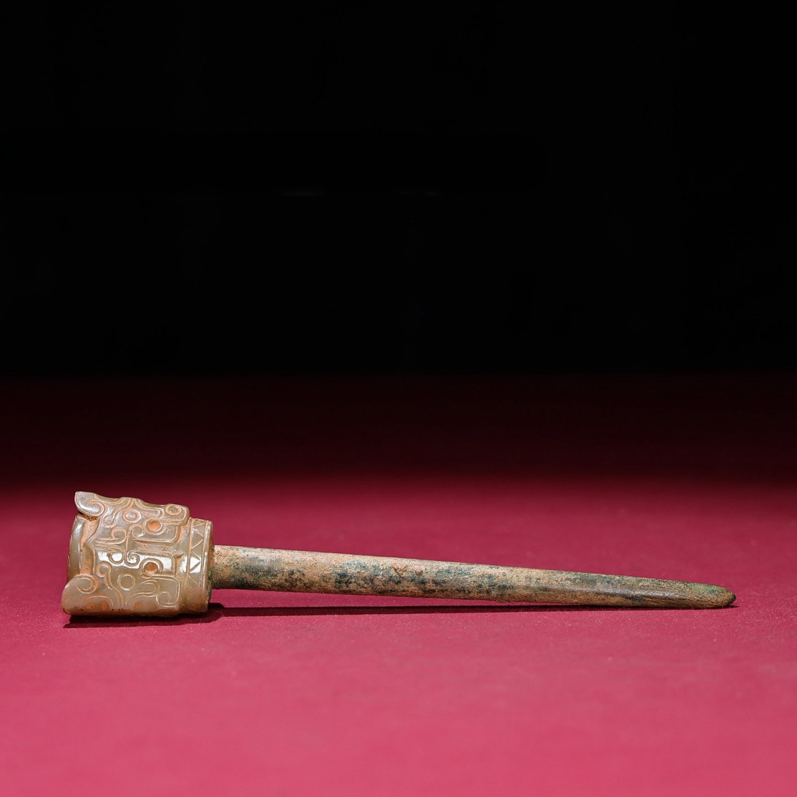 Bronze Inlaid White Jade Beast-Face Pattern Hairpin: Bronze Inlaid White Jade Beast-Face Pattern Hairpin,Qing Dynasty,China,Size:5.7inx1.1in,Weight:89g 铜镶白玉兽面纹发簪,中国清