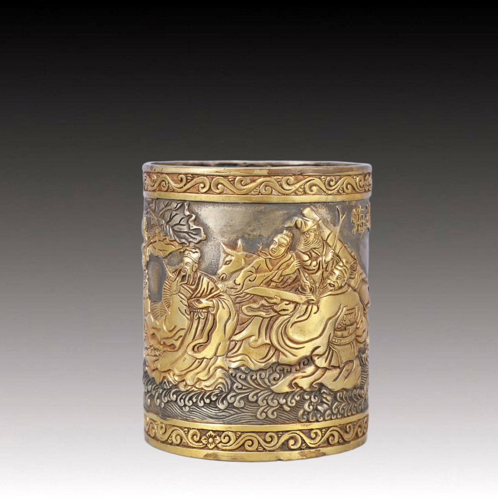 A Rare Gilt Silver Character and Story Pattern Brush Pot: A Rare Gilt Silver Character and Story Pattern Brush Pot,Qing Dynasty, China,Qianlong Four-character Mark,Size:4.1inx5.1in,Weight:800g 银鎏金人物故事纹&
