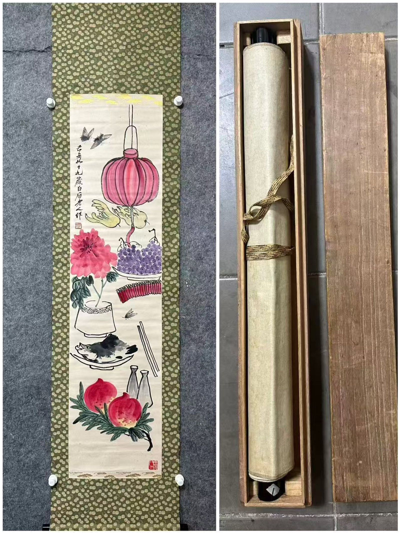 A Chinese Vertical Scroll Ink Painting of Flower and Fruit on Paper: A Chinese Vertical Scroll Ink Painting of Flower and Fruit on Paper,Qi Baishi,Size:13.8inx53.9in 一幅中国水墨花果画立轴,齐௙