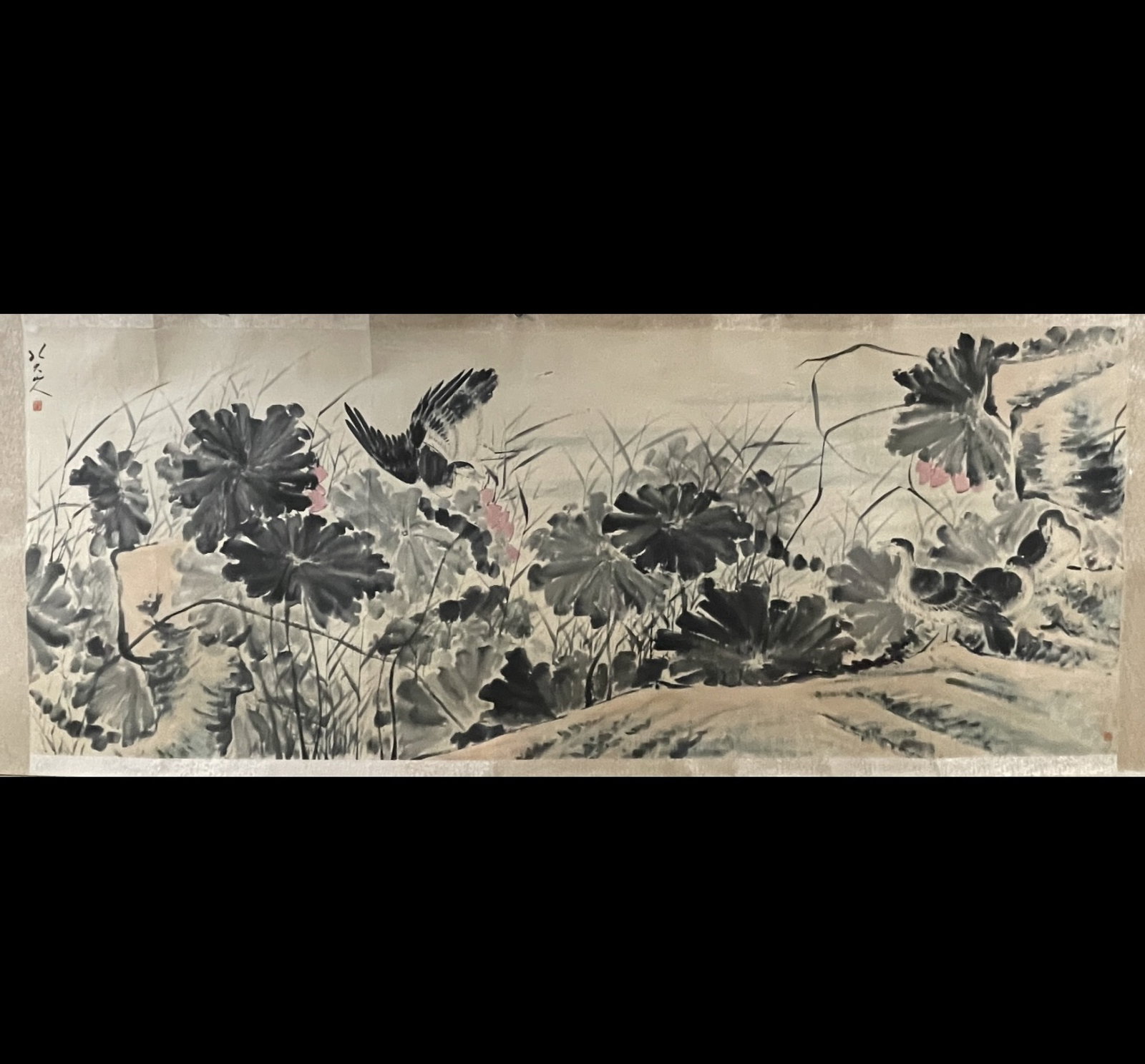 A Chinese Ink Painting of Flower and Bird on Paper: A Chinese Ink Painting of Flower and Bird on Paper,Bada Shanren,Size:55.1inx141.7in 一幅中国水墨花鸟画,八大山人