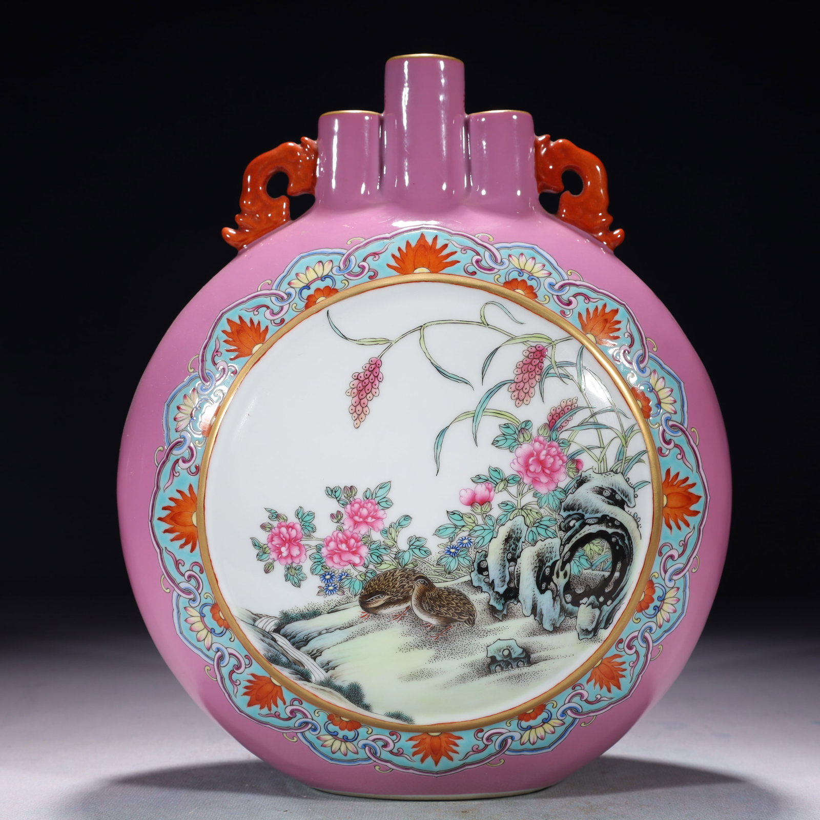 An Exquisite Pink Ground Enamel Flower and Bird Pattern Double-Ears Vase: An Exquisite Pink Ground Enamel Flower and Bird Pattern Double-Ears Vase,Qing Dynasty,China,Qianlong Six-character Mark,Size:8.3inx3.1inx11in,Weight:2100g 粉地珐琅彩Ŏ