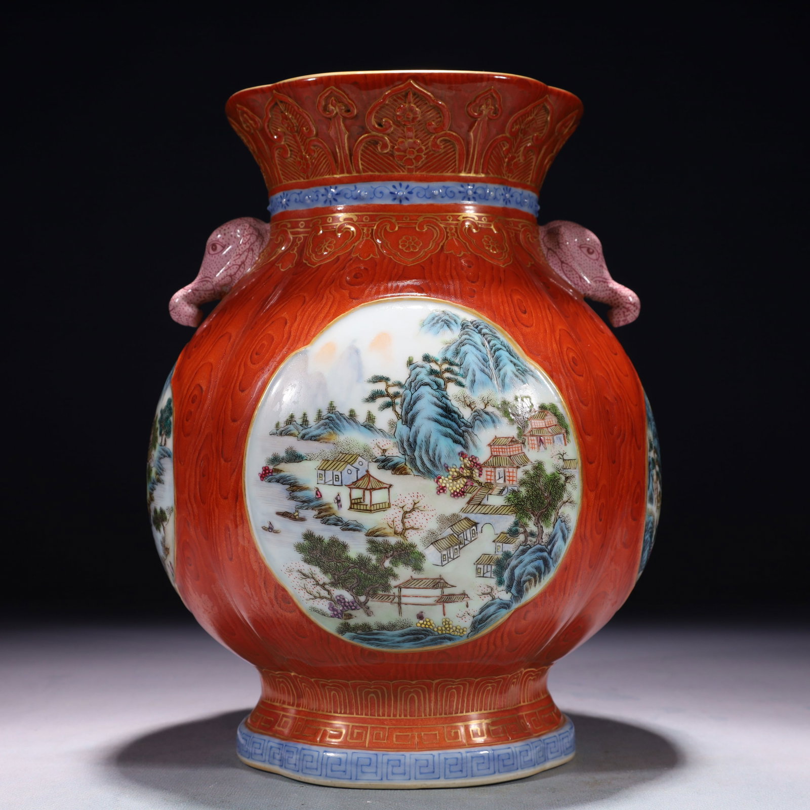 An Exquisite Famille-Rose Painted Gold Landscape Pattern Elephant-Ears Vase: An Exquisite Famille-Rose Painted Gold Landscape Pattern Elephant-Ears Vase,Qing Dynasty,China,Qianlong Six-character Mark,Size:7.1inx10.6in,Weight:3050g 粉彩描金山૒