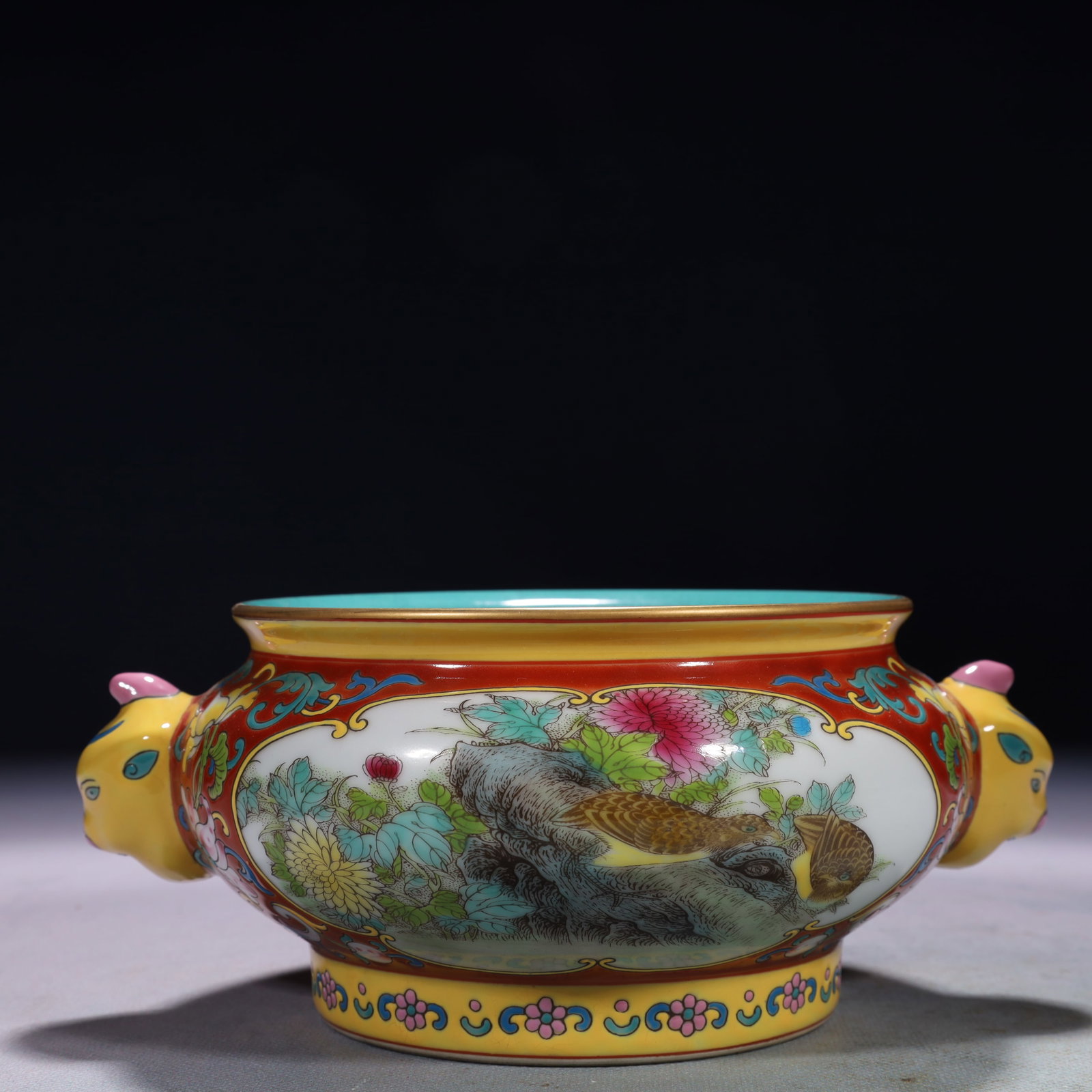 An Exquisite Famille-Rose Flower and Bird Pattern Beast-Ears Censer: An Exquisite Famille-Rose Flower and Bird Pattern Beast-Ears Censer,Qing Dynasty,China,Qianlong Six-character Mark,Size:7.9inx6.3inx3.5in,Weight:950g 粉彩花鸟纹兽&#