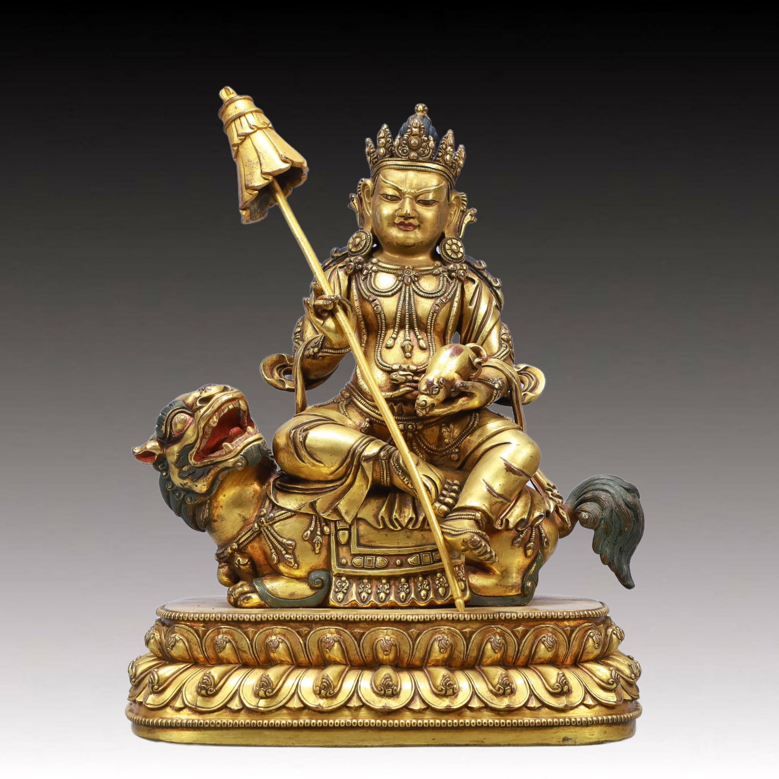 A Solemn Gilt Bronze Statue of Mammon Rides the Lion: A Solemn Gilt Bronze Statue of Mammon Rides the Lion,Ming Dynasty, China,Size:8.7inx5.5inx11.4in Weight:6550g
