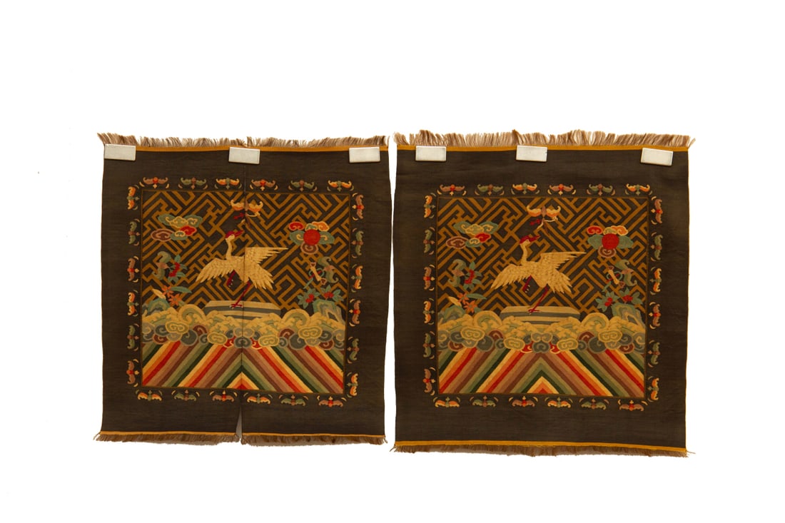 A Pair of Exquisite Kesi Embroidery Crane Pattern Civil Official Rank Badges: A Pair of Exquisite Kesi Embroidery Crane Pattern Civil Official Rank Badges,Qing Dynasty,China,Size:15.7inx14.6in 一对缂丝刺绣仙鹤图官ŝ