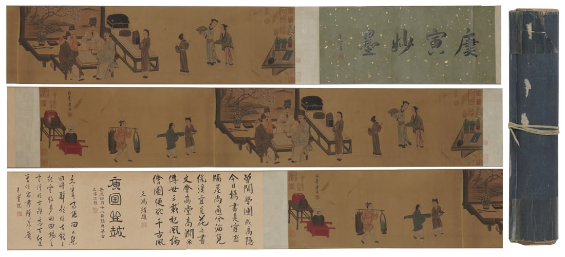 A Chinese Hand Scroll Ink Painting of Character and Story on Silk: A Chinese Hand Scroll Ink Painting of Character and Story on Silk,Tang Yin,Size:11inx132.7in 一幅中国水墨绢本人物故事画