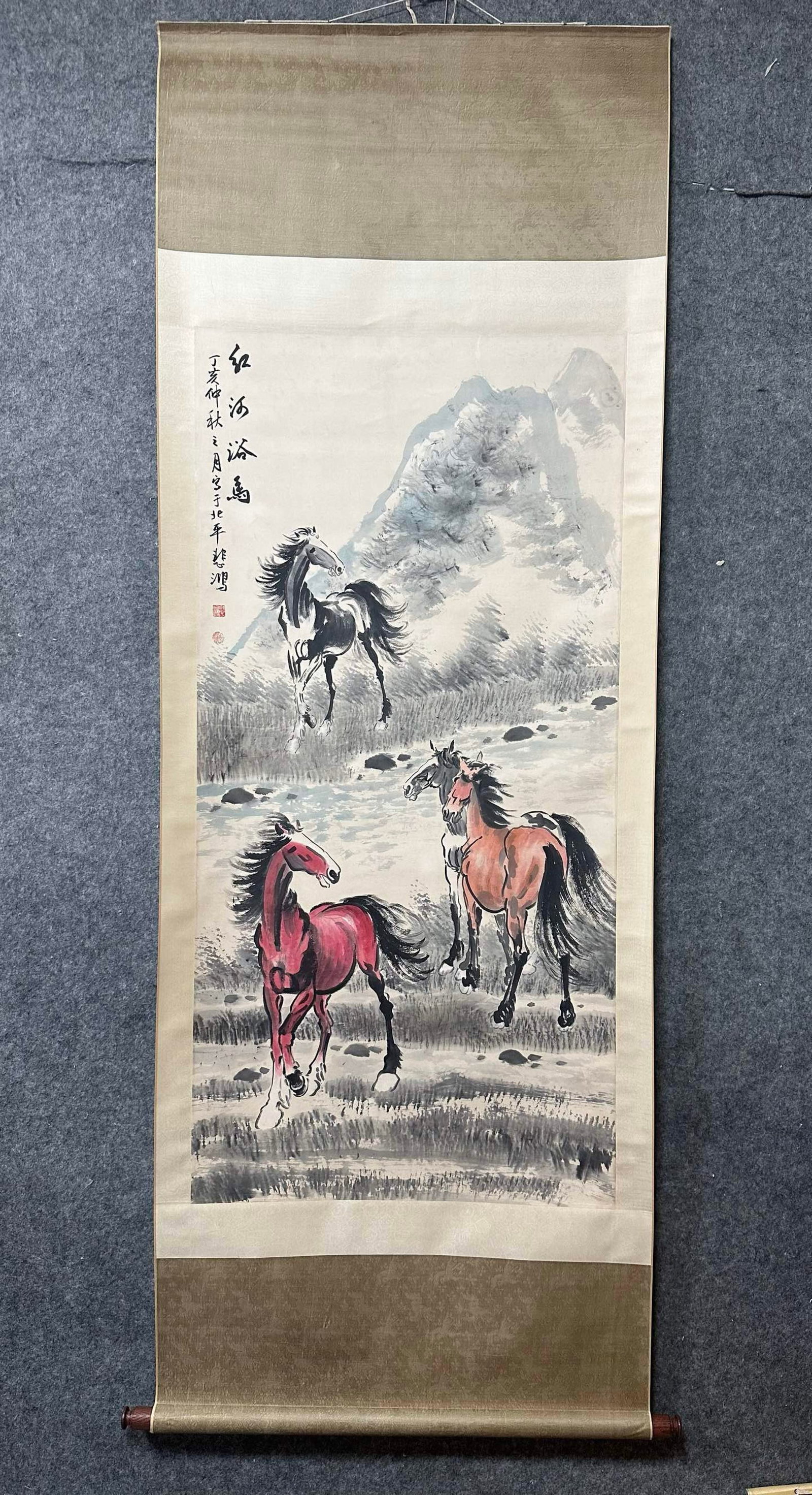 A Chinese Vertical Scroll Ink Painting of Horse on Paper: A Chinese Vertical Scroll Ink Painting of Horse on Paper,Xu Beihong,Size:26.4inx53.9in 一幅中国水墨骏马画立轴,徐悲鸿