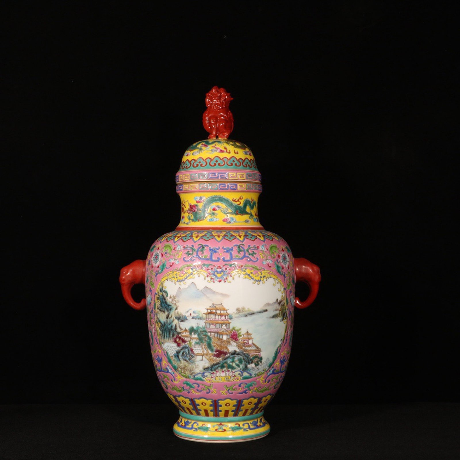 A Huge Enamel Landscape Pattern Elephant-Ears Bottle: A Huge Enamel Landscape Pattern Elephant-Ears Bottle,Qing Dynasty,China,Yongzheng Four-character Mark,Size:17.7inx10.6in 珐琅彩山水纹象耳盖瓶