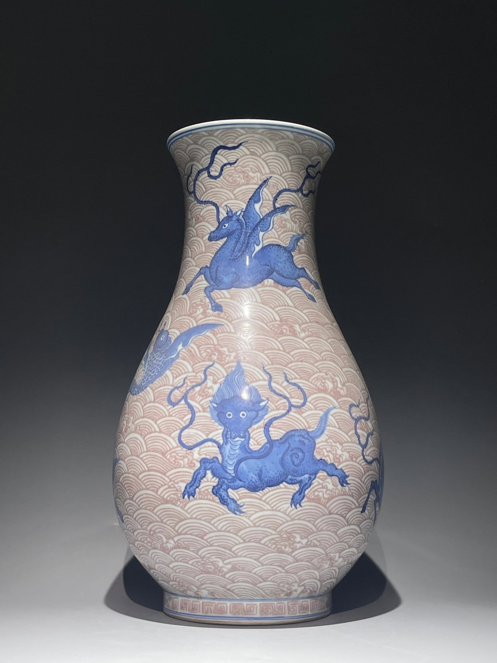 A Huge Blue and White Underglaze-Red Seawater and Auspicious Beast Pattern Vase: A Huge Blue and White Underglaze-Red Seawater and Auspicious Beast Pattern Vase,Qing Dynasty,China,Qianlong Six-character Mark,Size:17.3inx9.4in 青花釉里红海水