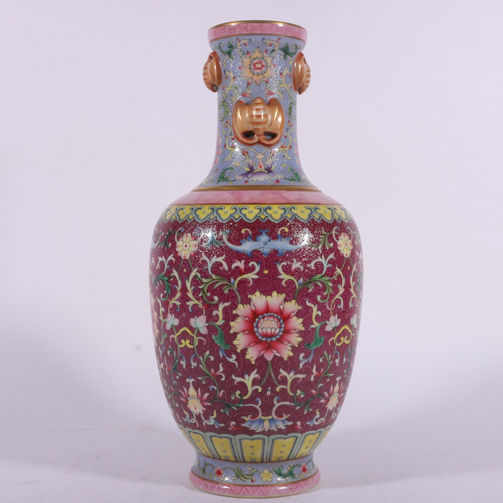 A Rare Famille-Rose Ruby Red-Glazed Painted Gold Lotus Pattern Beast-Ears Vase (1 of 9)