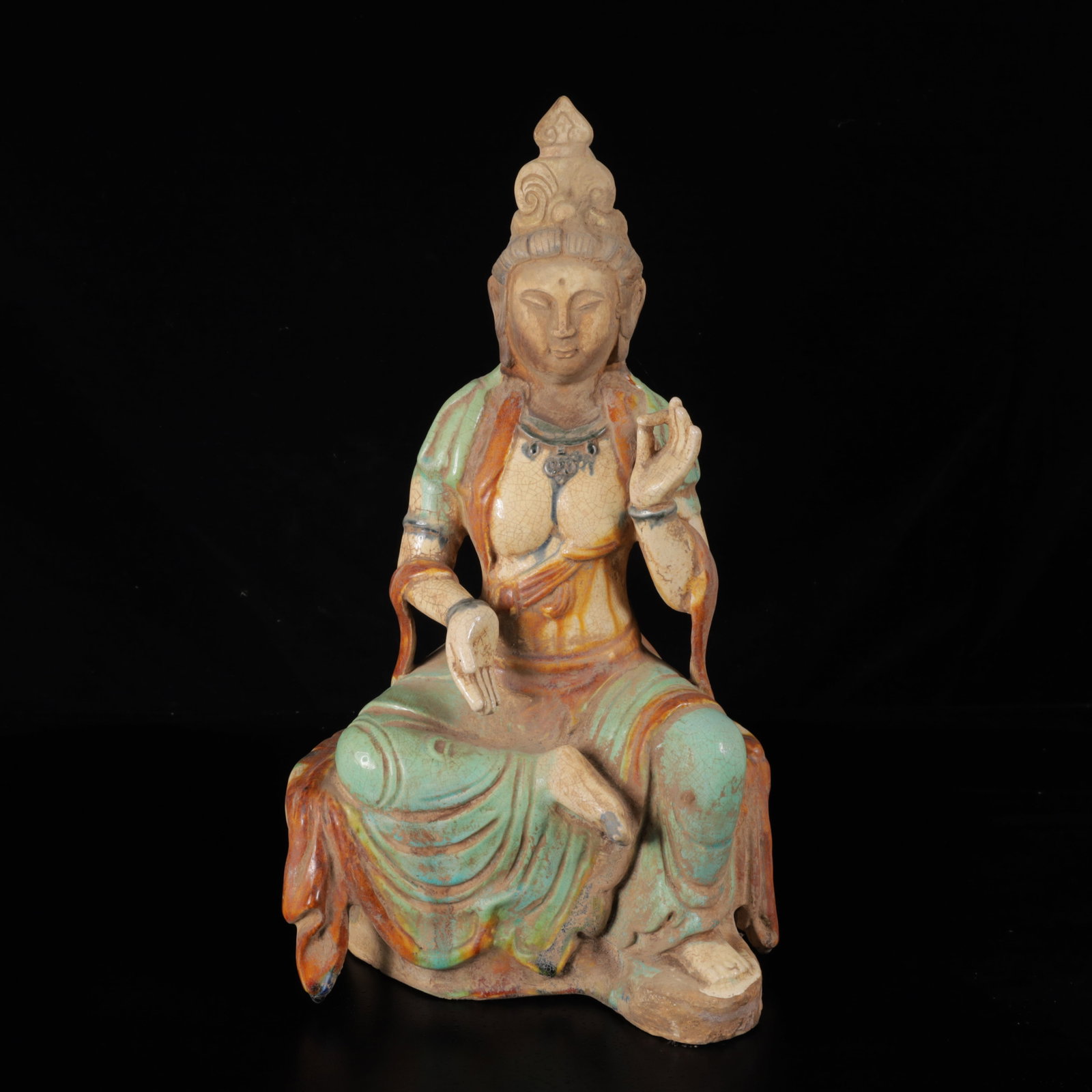 An Exquisite Tang Tri-Color Glazed Pottery Statue of Avalokitesvara Ornament: An Exquisite Tang Tri-Color Glazed Pottery Statue of Avalokitesvara Ornament,Tang Dynasty,China,Size:15inx8.7inx6.3in,Weight:2540g 唐三彩观音摆件,中