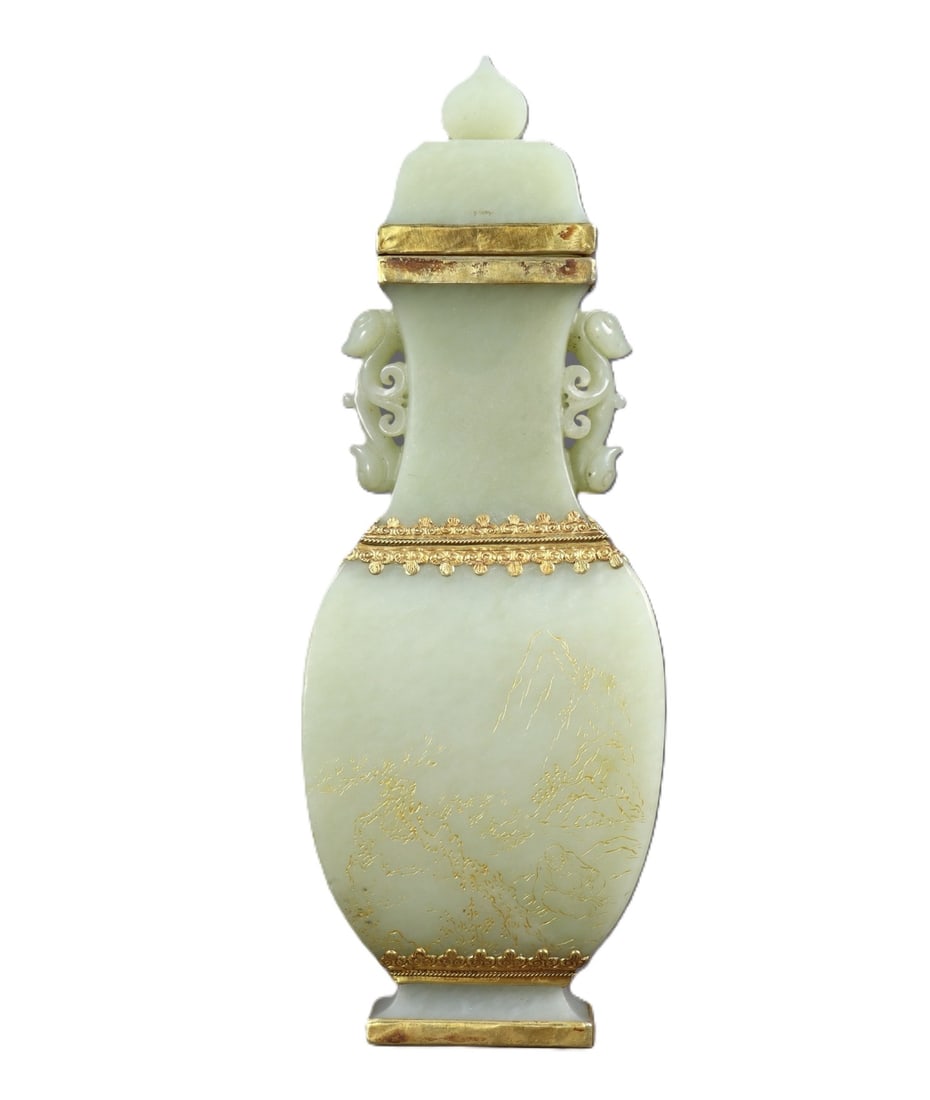 An Exquisite White Jade Cover with Gold Landscape and Figure Pattern Double-Ears Bottle,with poem: An Exquisite White Jade Cover with Gold Landscape and Figure Pattern Double-Ears Bottle,with poem,Qing Dynasty,China,Size:8.9inx3.1inx1.8in,Weight:412g 白玉包金山水