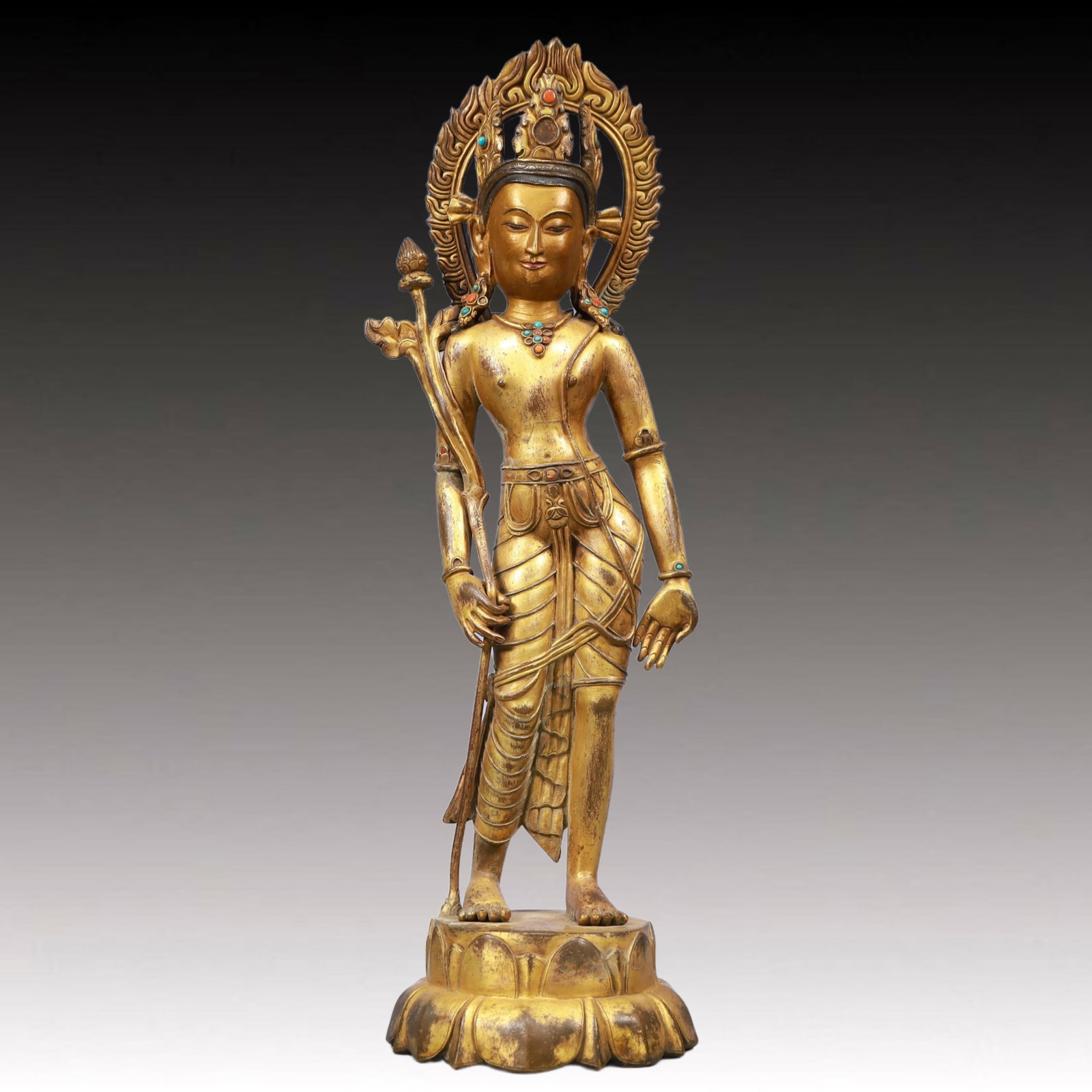 A Solemn Gilt Bronze Statue of Avalokitesvara, Inlaid Gems: A Solemn Gilt Bronze Statue of Avalokitesvara, Inlaid Gems, Ming Dynasty, China, Size:5.5inx18.9in, Weight:3550g