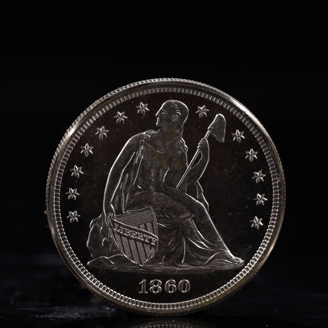 USA One Dollar 1860 Coin: American coin. IN GOD WE TRUST / LIBERTY / 1860 / UNITED STATES OF AMERICA / ONE DOL. Mint Mark: O.Weight:26.9g.