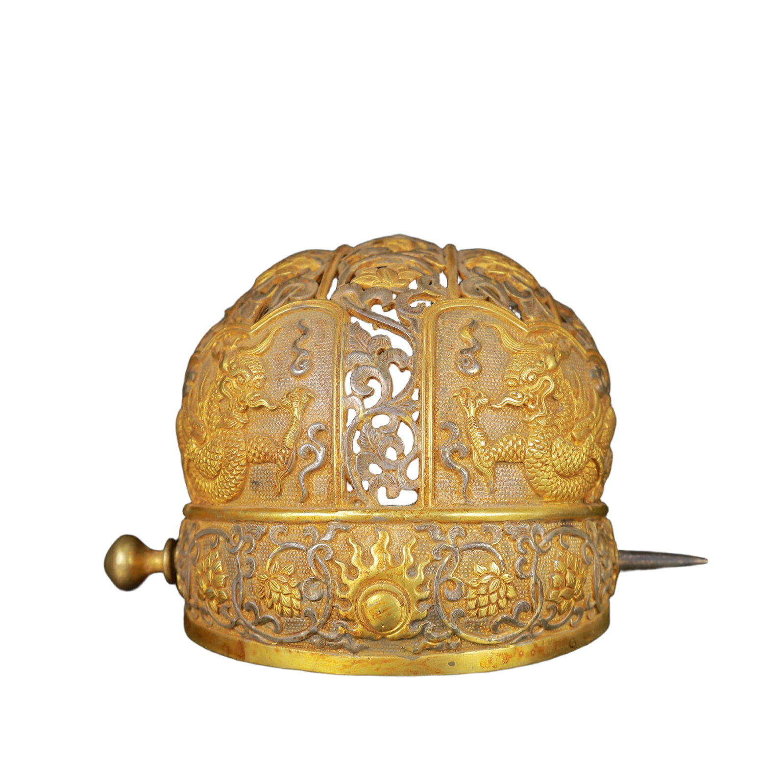 An Exquisite Gilt Silver Dragon Pattern Hat: An Exquisite Gilt Silver Dragon Pattern Hat,Qing Dynasty,China,Size:4.7inx3.5inx2.8in,Weight:250g 银鎏金龙纹帽,中国清代