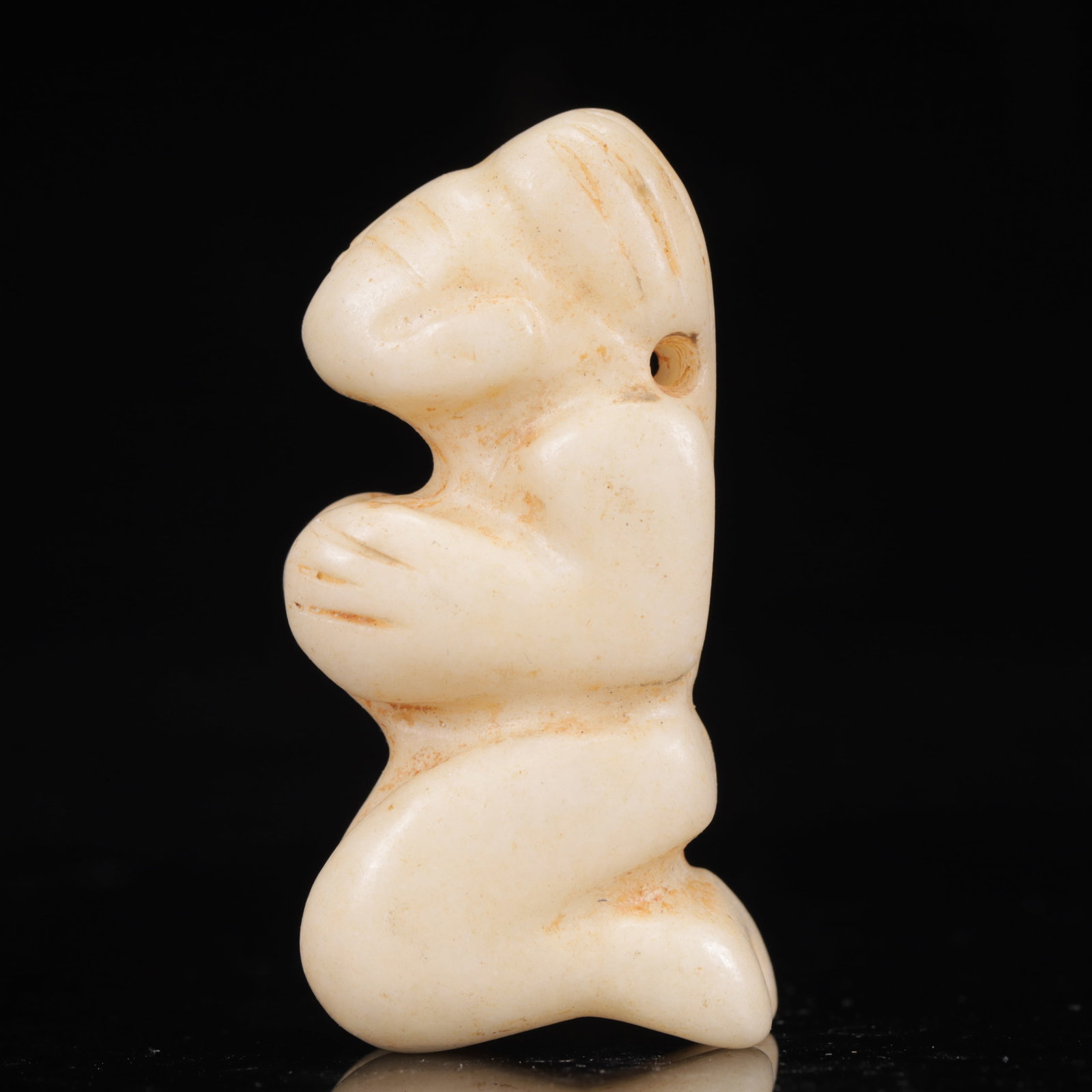 An Archaic Hongshan Culture White Jade Figure Pendant: An Archaic Hongshan Culture White Jade Figure Pendant,Ancient Time,China,Size:1.6inx0.8inx2.8in,Weight:89g