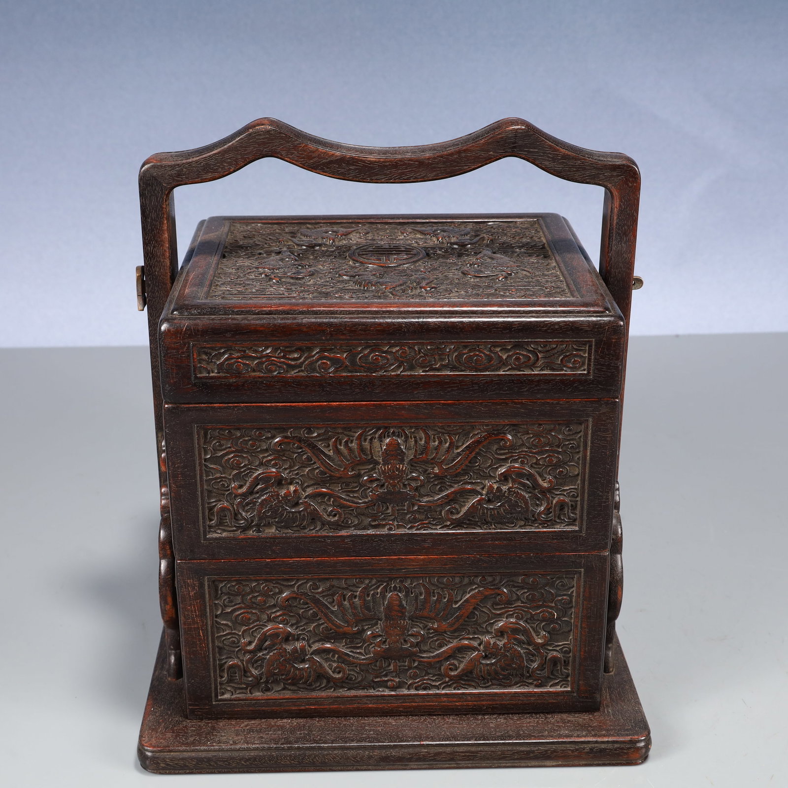 An Exquisite Zitanwood Auspicious Cloud and Dragon Pattern Lunch Box: An Exquisite Zitanwood Auspicious Cloud and Dragon Pattern Lunch Box,Qing Dynasty, China,Size:8.7inx7.5inx10.2in,Weight:1850g