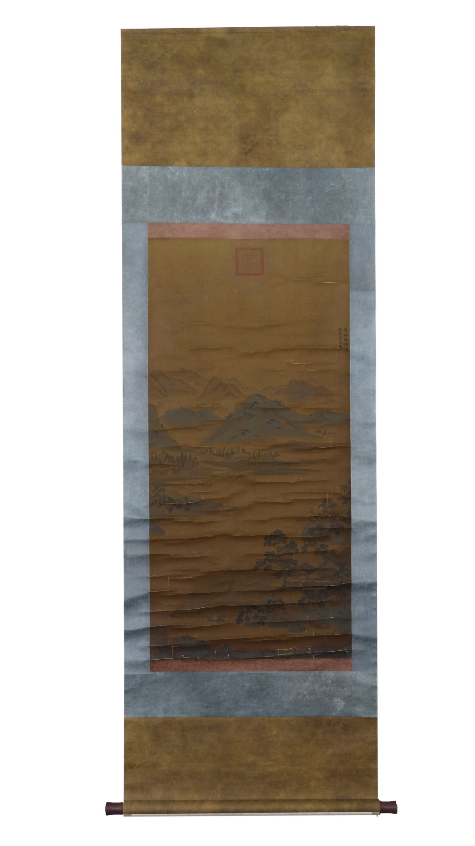 A Chinese Vertical Scroll Ink Painting of Landscape on Silk: A Chinese Vertical Scroll Ink Painting of Landscape on Silk,Chou Ying,Size:22inx46.1in 一幅中国水墨绢本山水画立轴,仇