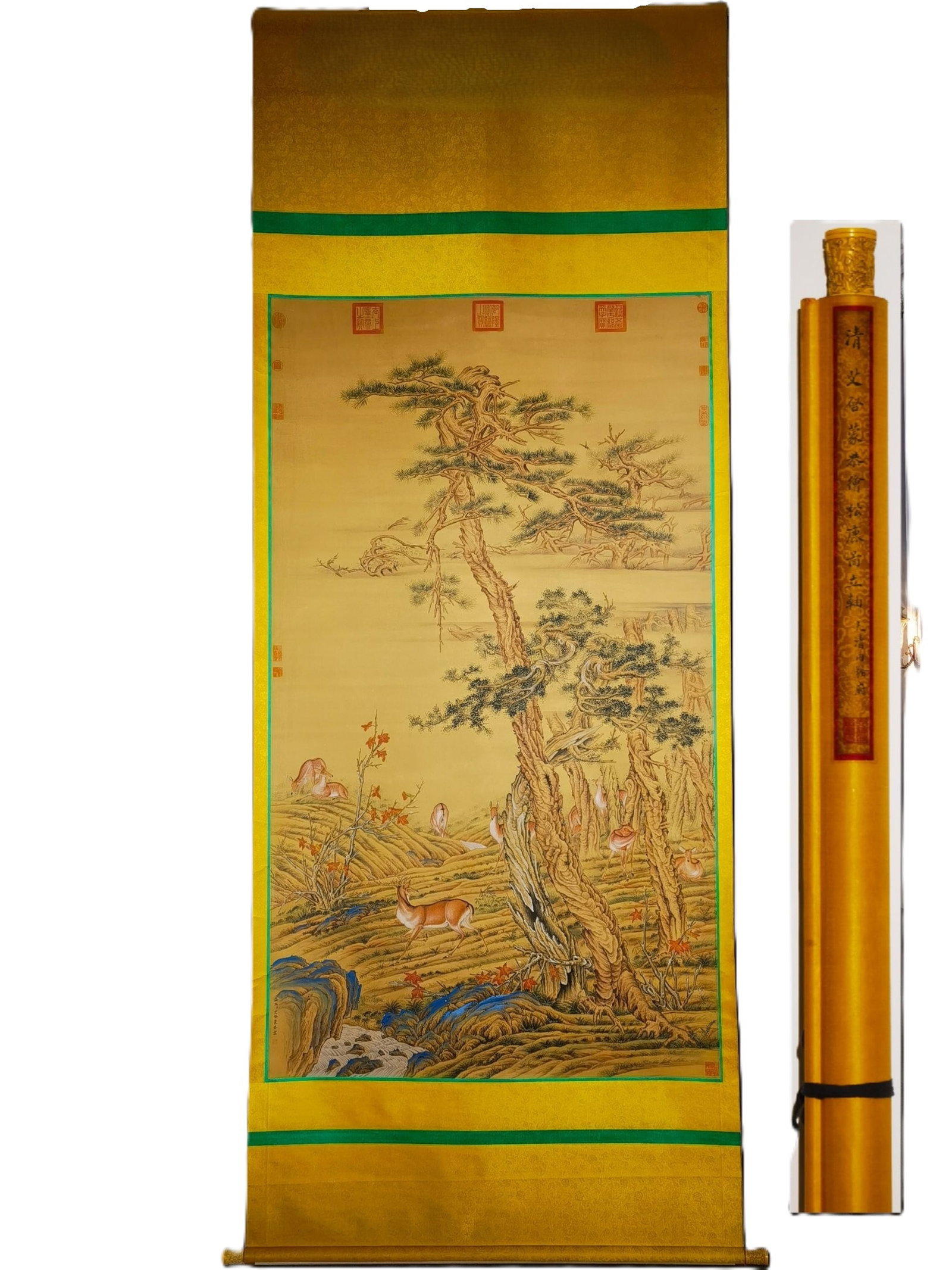 A Chinese Vertical Scroll Ink Painting of Pine and Deer on Silk: A Chinese Vertical Scroll Ink Painting of Pine and Deer on Silk,Ai Qimeng,Size:(overall length)124inx48in,(Without frame)77.6inx44.5in 一幅中国水墨绢本&