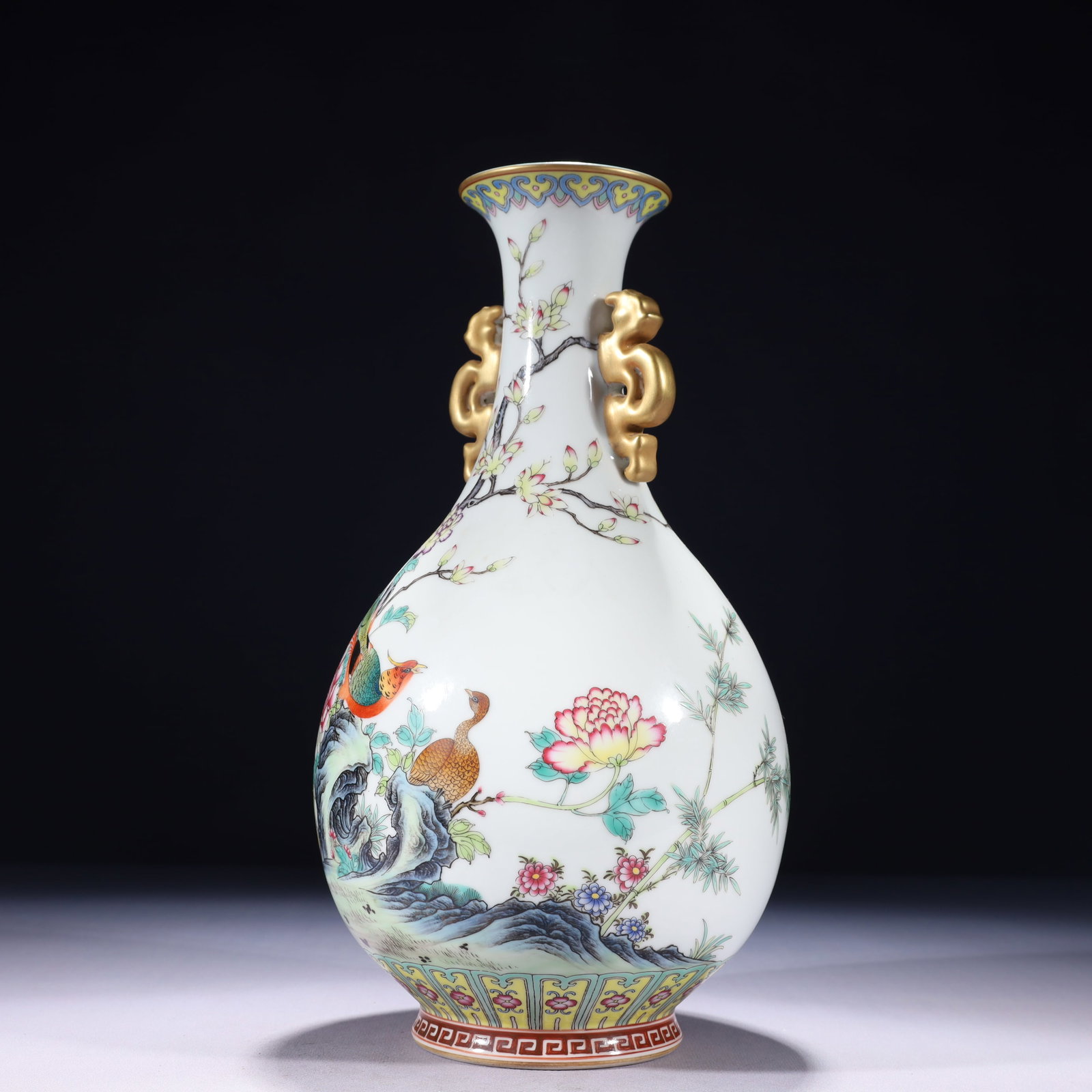 An Exquisite Famille-Rose Painted Gold Flower and Bird Pattern Double-Ears Vase,with poem: An Exquisite Famille-Rose Painted Gold Flower and Bird Pattern Double-Ears Vase,with poem,Qing Dynasty,China,Qianlong Six-character Mark,Size:5.9inx12.6in,Weight:1400g 粉彩描金