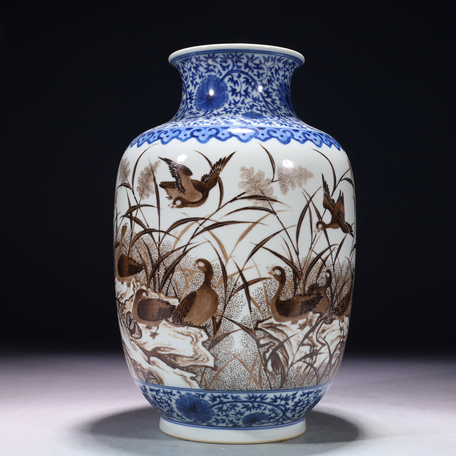An Exquisite Blue and White Ink Color Flower and Bird Pattern Vase,with poem: An Exquisite Blue and White Ink Color Flower and Bird Pattern Vase,with poem,Qing Dynasty,China,Qianlong Six-character Mark,Size:6.3inx10.6in,Weight:1500g 青花墨彩花Ɣ