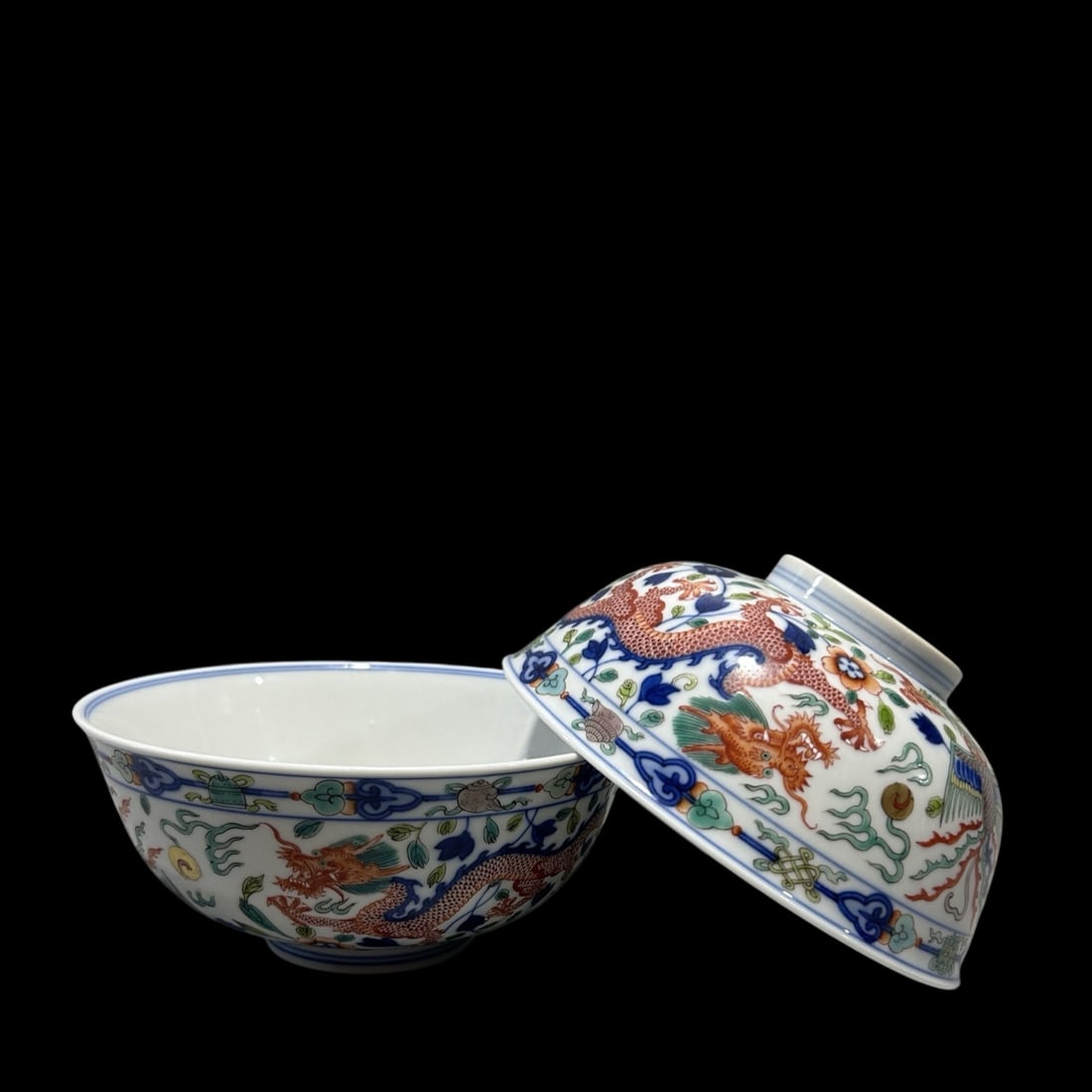 A Pair of Exquisite Blue and White Doucai Dragon and Phoenix Pattern Bowls: A Pair of Exquisite Blue and White Doucai Dragon and Phoenix Pattern Bowls,Qing Dynasty,China,Guangxu Six-character Mark,Size:5.9inx2.7in
