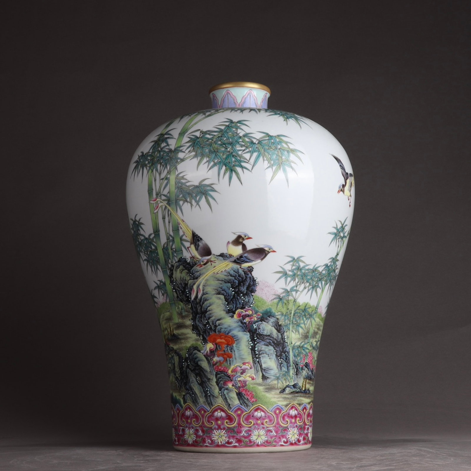 A Rare Enamel Painted Gold Flower and Bird Pattern Vase,with poem: A Rare Enamel Painted Gold Flower and Bird Pattern Vase,with poem,Qing Dynasty,China,Yongzheng Six-character Mark,Size:15inx11.2in