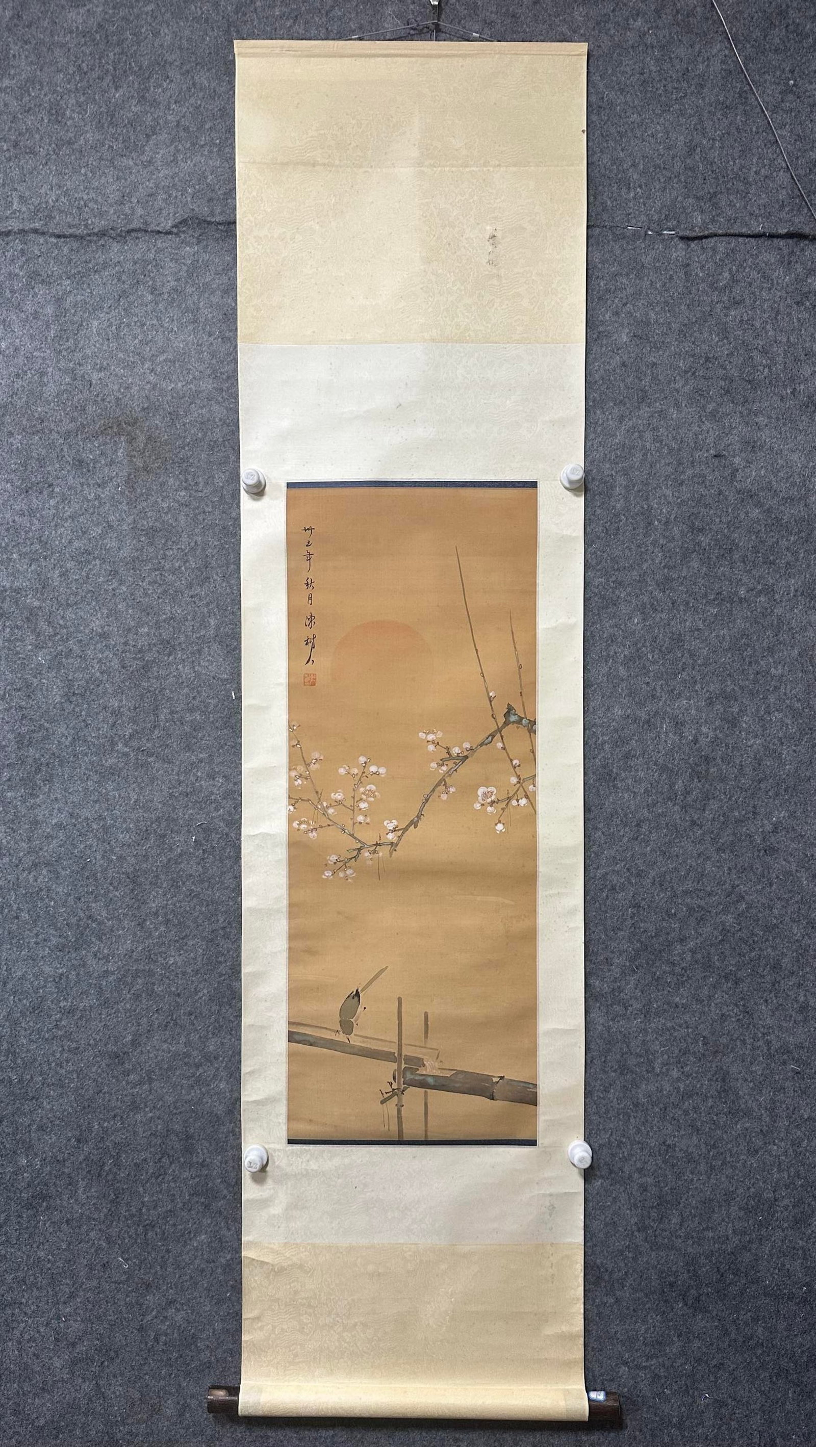 A Chinese Vertical Scroll Ink Painting of Flower and Bird on Silk: A Chinese Vertical Scroll Ink Painting of Flower and Bird on Silk,Chen Shuren,Size:13.8inx36in 一幅中国水墨绢本花鸟画立轴,