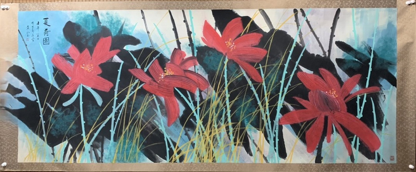 A Chinese Ink Painting of Flower and Bird on Paper: A Chinese Ink Painting of Flower and Bird on Paper,Huang Yongyu,Size:141.7inx57.1in 一幅中国水墨花鸟画,黄永玉