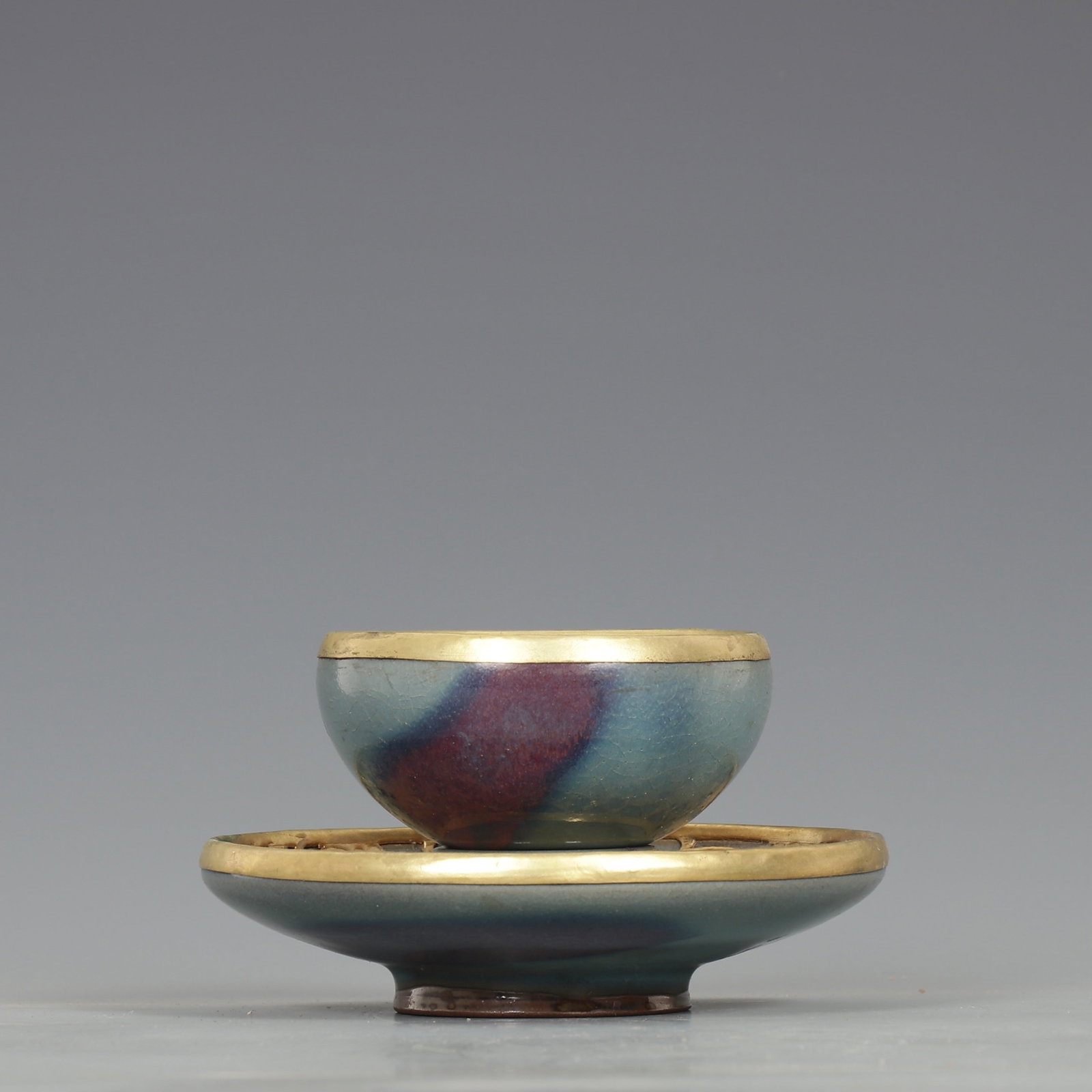 An Exquisite Jun yao Sky Blue Glazed Painted Gold Cup,with Plate (1 of 8)