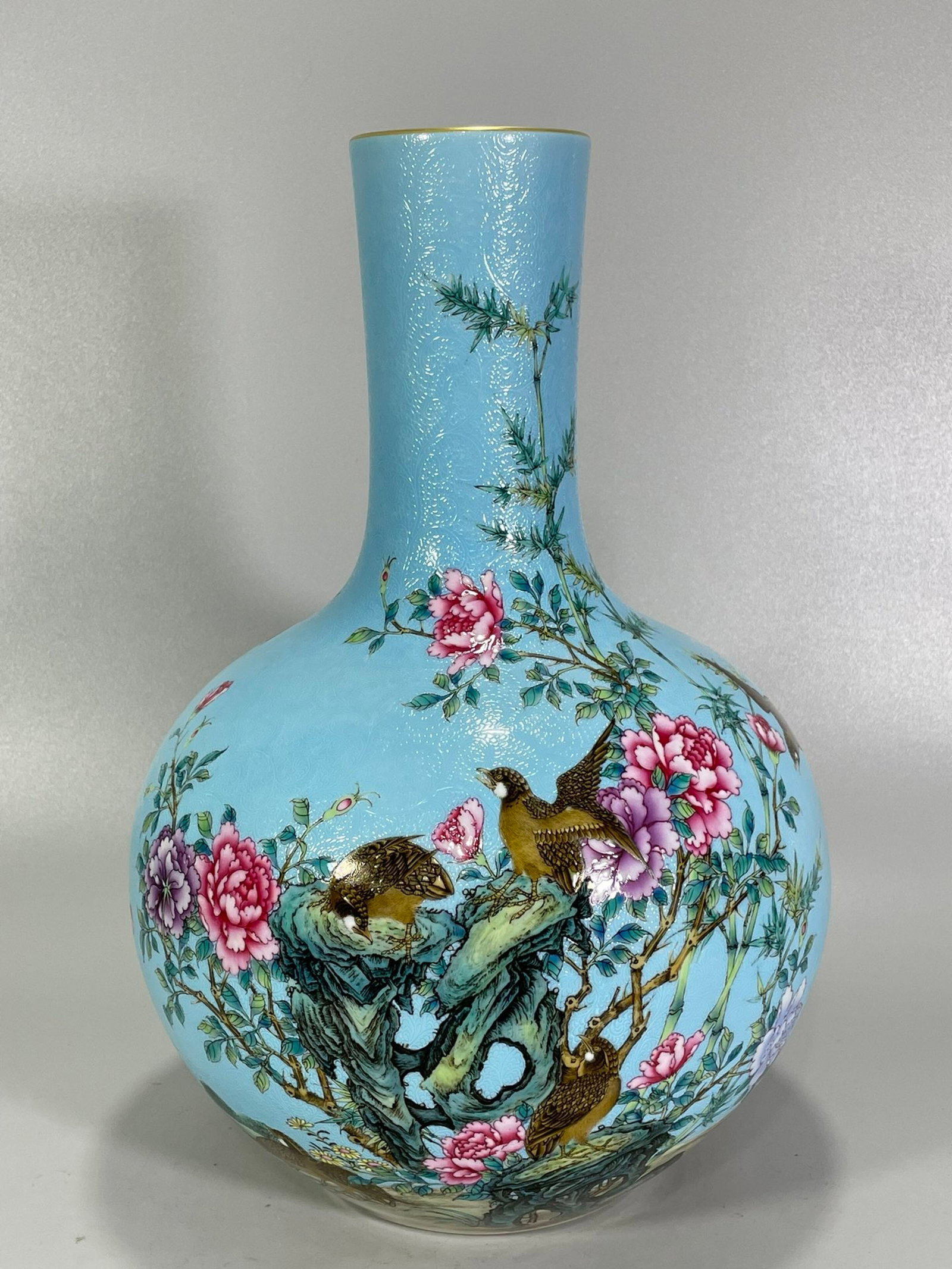 A Rare Blue Ground Famille-Rose Painted Gold Flower and Bird Pattern Vase,with poem: A Rare Blue Ground Famille-Rose Painted Gold Flower and Bird Pattern Vase,with poem,Qing Dynasty,China,Yongzheng Six-character Mark,Size:13.6inx9.3in 蓝地粉彩描金&#