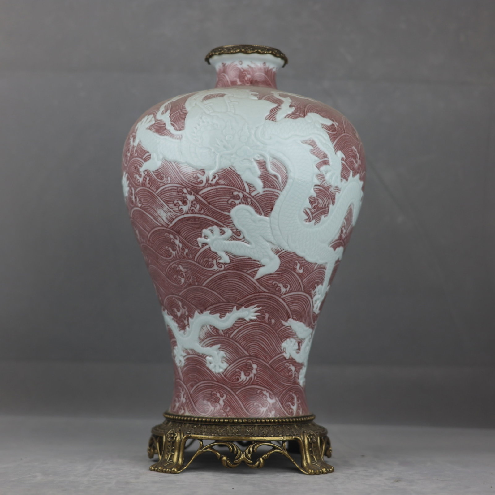 A Huge Underglaze-Red Inlaid Gilt Bronze Seawater and Dragon Pattern Vase: A Huge Underglaze-Red Inlaid Gilt Bronze Seawater and Dragon Pattern Vase,Qing Dynasty,China,Yongzheng Six-character Mark,Size:16.5inx8.7in 釉里红镶铜鎏金