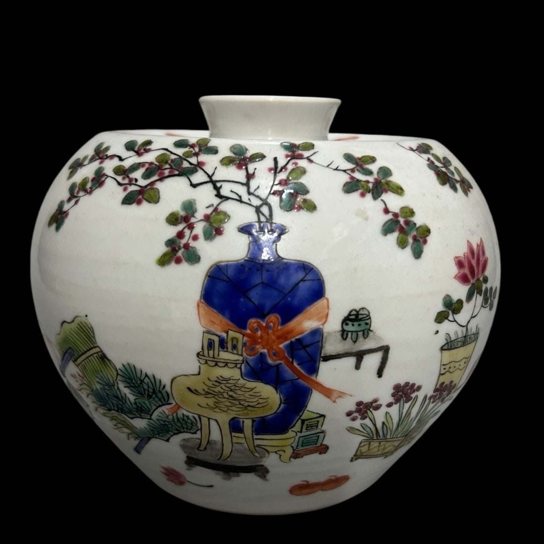 An Exquisite Light Crimson Color Bogu and Flower Pattern Apple-Shaped Jar,with poem: An Exquisite Light Crimson Color Bogu and Flower Pattern Apple-Shaped Jar,with poem,Qing Dynasty,China,Guangxu Six-character Mark,Size:4.2inx4.5in
