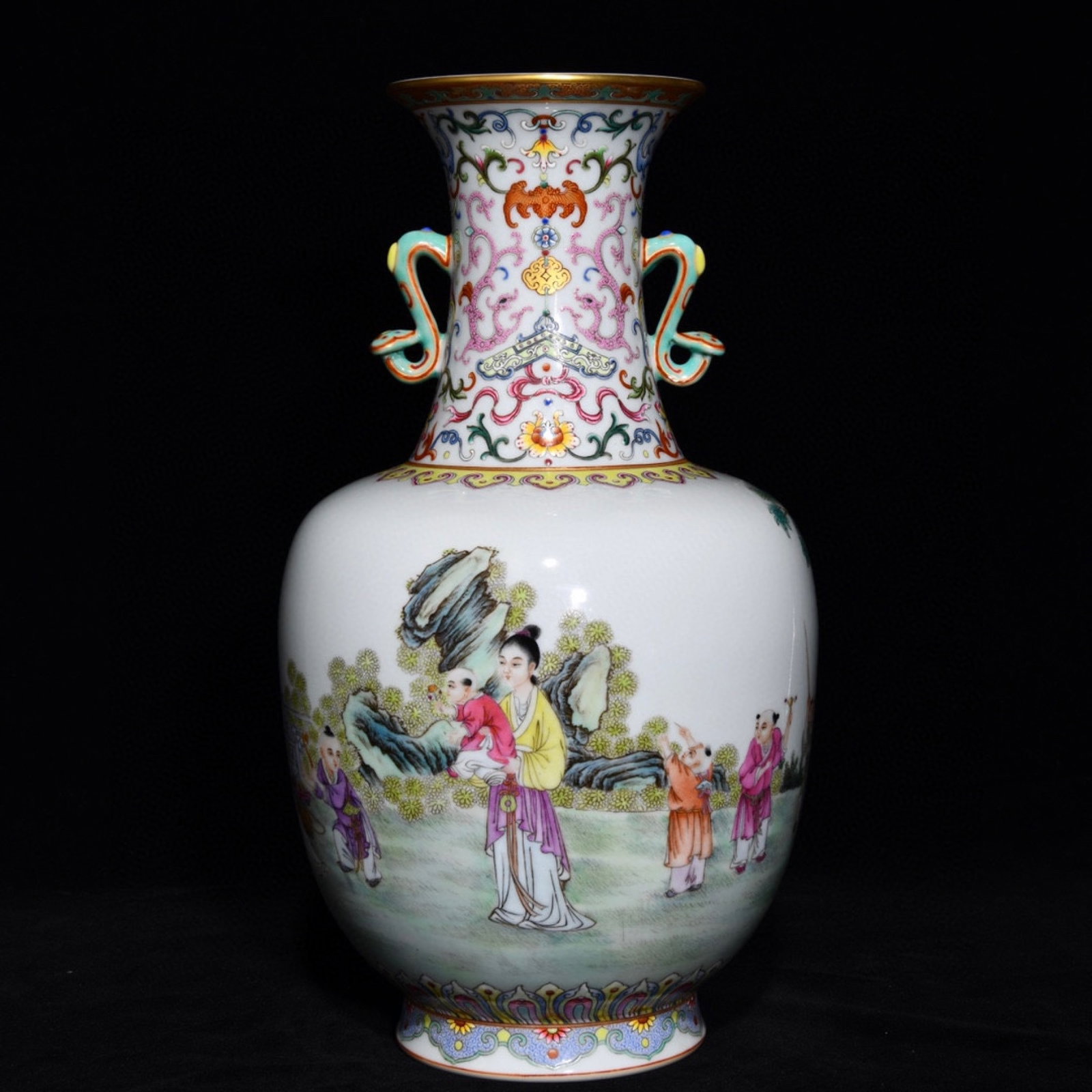 A Rare Famille-Rose Painted Gold Character and Story Pattern Double-Ears Vase,with poem: A Rare Famille-Rose Painted Gold Character and Story Pattern Double-Ears Vase,with poem,Qing Dynasty,China,Qianlong Six-character Mark,Size:12.8inx7.1in