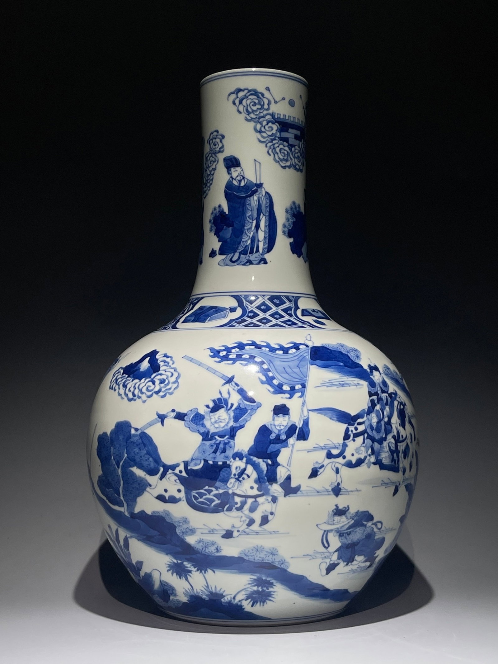 A Huge Blue and White Character and Story Pattern Vase: A Huge Blue and White Character and Story Pattern Vase,Qing Dynasty,China,Kangxi Six-character Mark,Size:17.3inx10.6in 青花人物故事纹瓶,中国