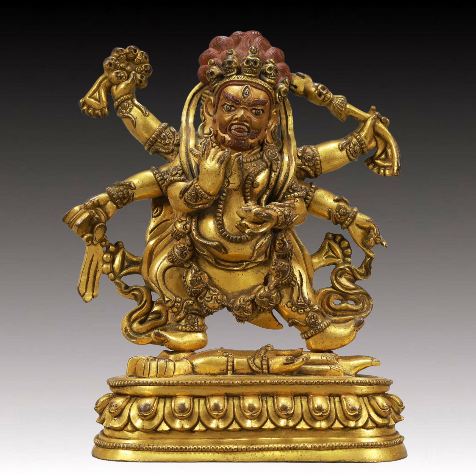 A Solemn Gilt Bronze Statue of Mammon: A Solemn Gilt Bronze Statue of Mammon,Qing Dynasty, China,Kangxi Seven-character Mark,Size:7.1inx3.1inx9.8in,Weight:3900g