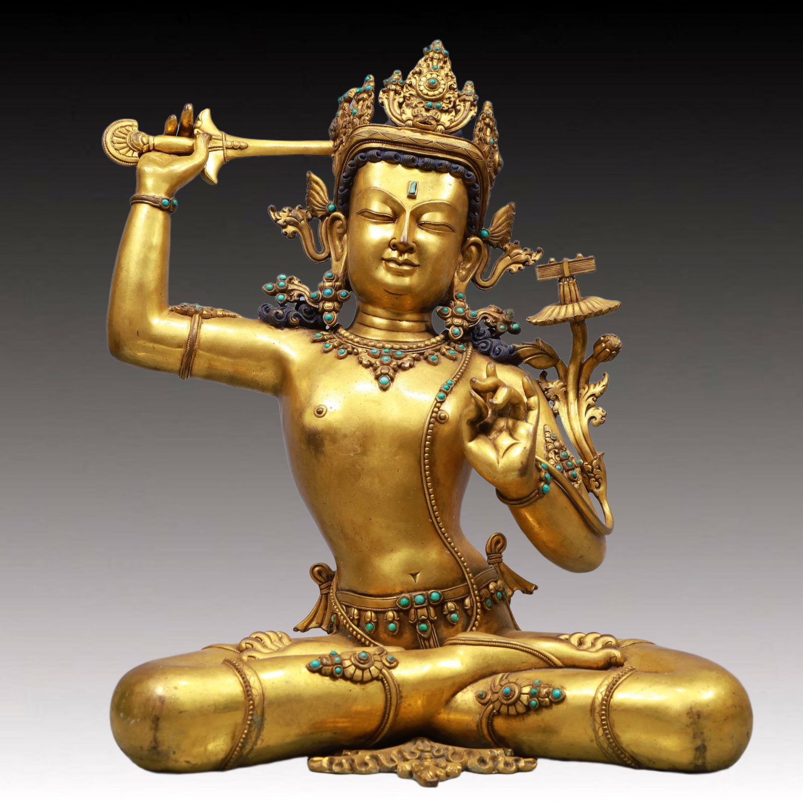 A Solemn Gilt Bronze Statue of Manjusri, Inlaid Gems: A Solemn Gilt Bronze Statue of Manjusri, Inlaid Gems, Ming Dynasty, China, Size:16.5inx9.8inx19.3in, Weight:10450g