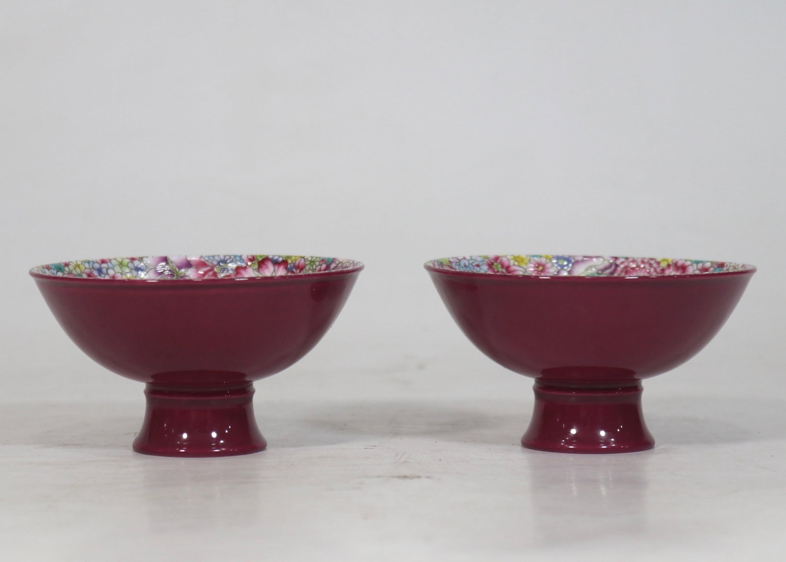 A Pair of Exquisite Enamel Flower Pattern Stem Cups: A Pair of Exquisite Enamel Flower Pattern Stem Cups,Qing Dynasty,China,Qianlong Four-character Mark,Size:3.5inx2in 一对珐琅彩花卉纹高足Ĉ