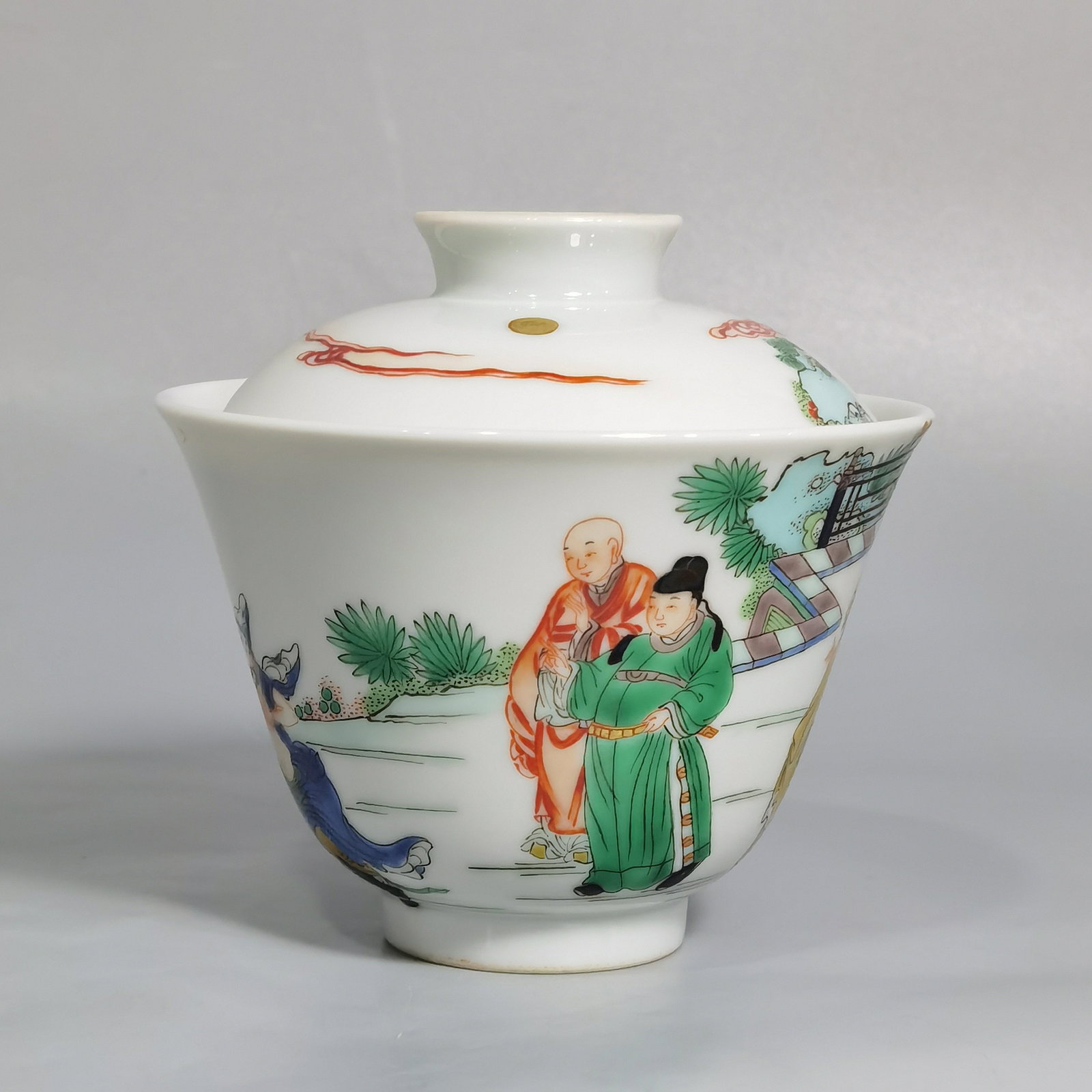 An Exquisite Wucai Character and Story Pattern Bowl with Cover: An Exquisite Wucai Character and Story Pattern Bowl with Cover,Qing Dynasty,China,Kangxi Six-character Mark,Size:3.7inx3.5in 五彩人物故事纹盖碗,&#