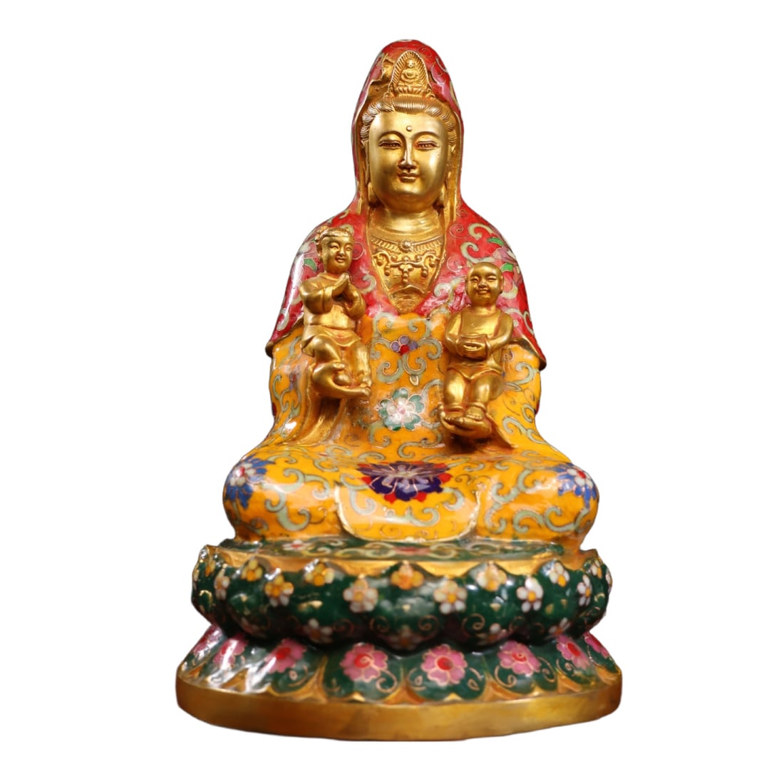 An Exquisite Gilt Bronze Cloisonne Lotus Pattern Statue of Child-Granting Avalokitesvara: An Exquisite Gilt Bronze Cloisonne Lotus Pattern Statue of Child-Granting Avalokitesvara,Ming Dynasty,China,Xuande Four-character Mark,Size:11.4inx7.1inx7.1in,Weight:3200g