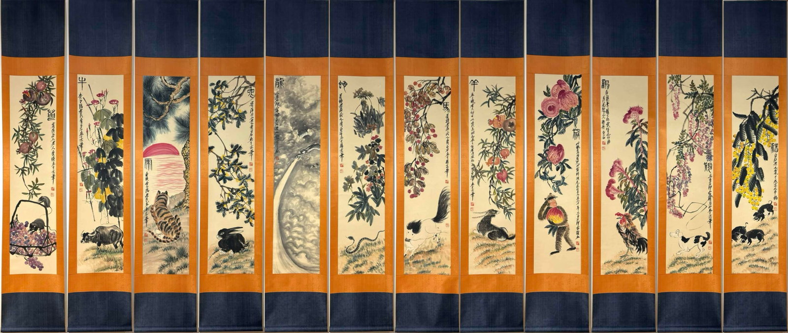 A Set of Chinese Vertical Scroll Ink Painting of the Twelve Chinese Zodiac Signs on Paper (1 of 13)