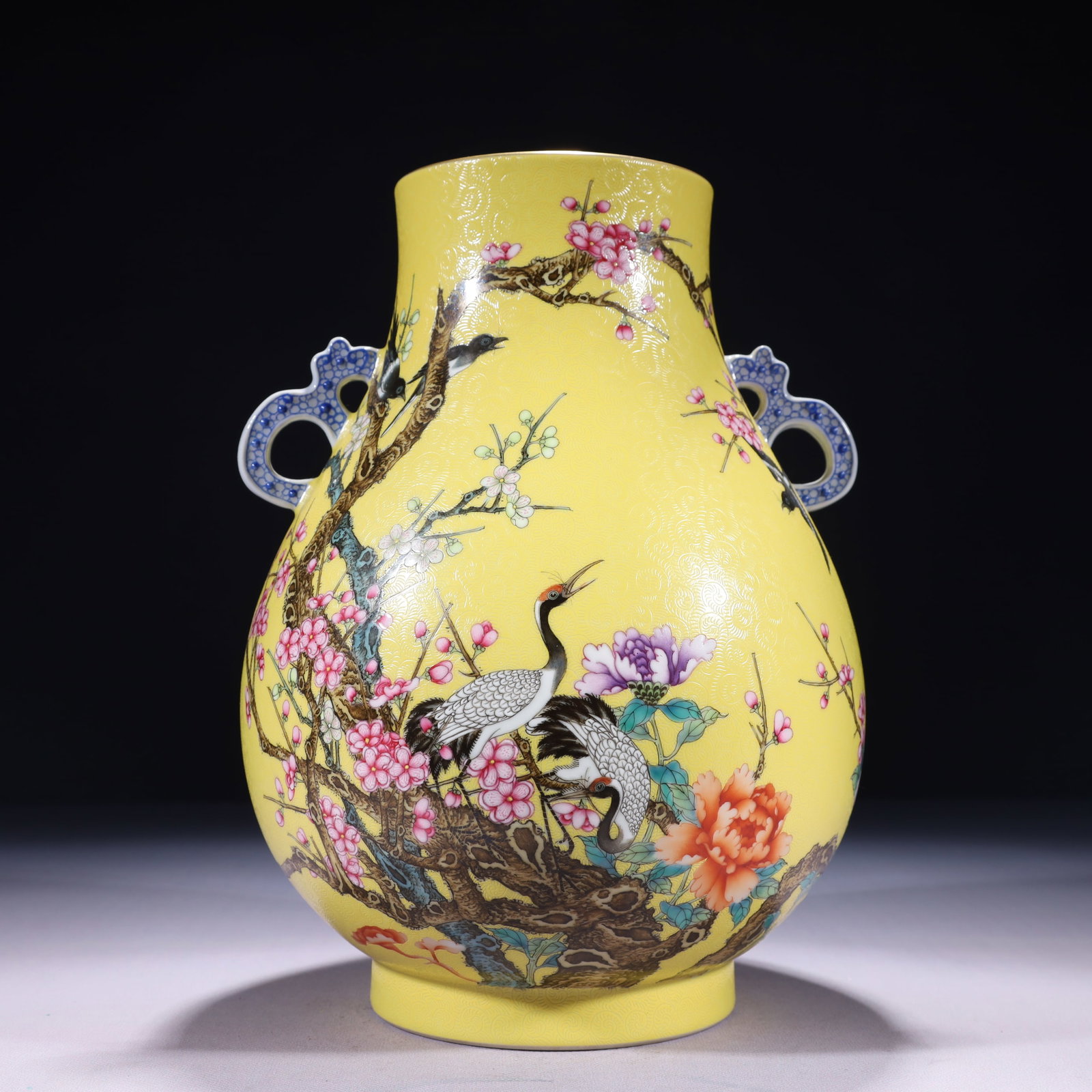 An Exquisite Yellow Ground Famille-Rose Painted Gold Flower and Bird Pattern Double-Ears Vase,with: An Exquisite Yellow Ground Famille-Rose Painted Gold Flower and Bird Pattern Double-Ears Vase,with poem,Qing Dynasty,China,Yongzheng Six-character Mark,Size:7.5inx11.4in,Weight:2400g 黄地&