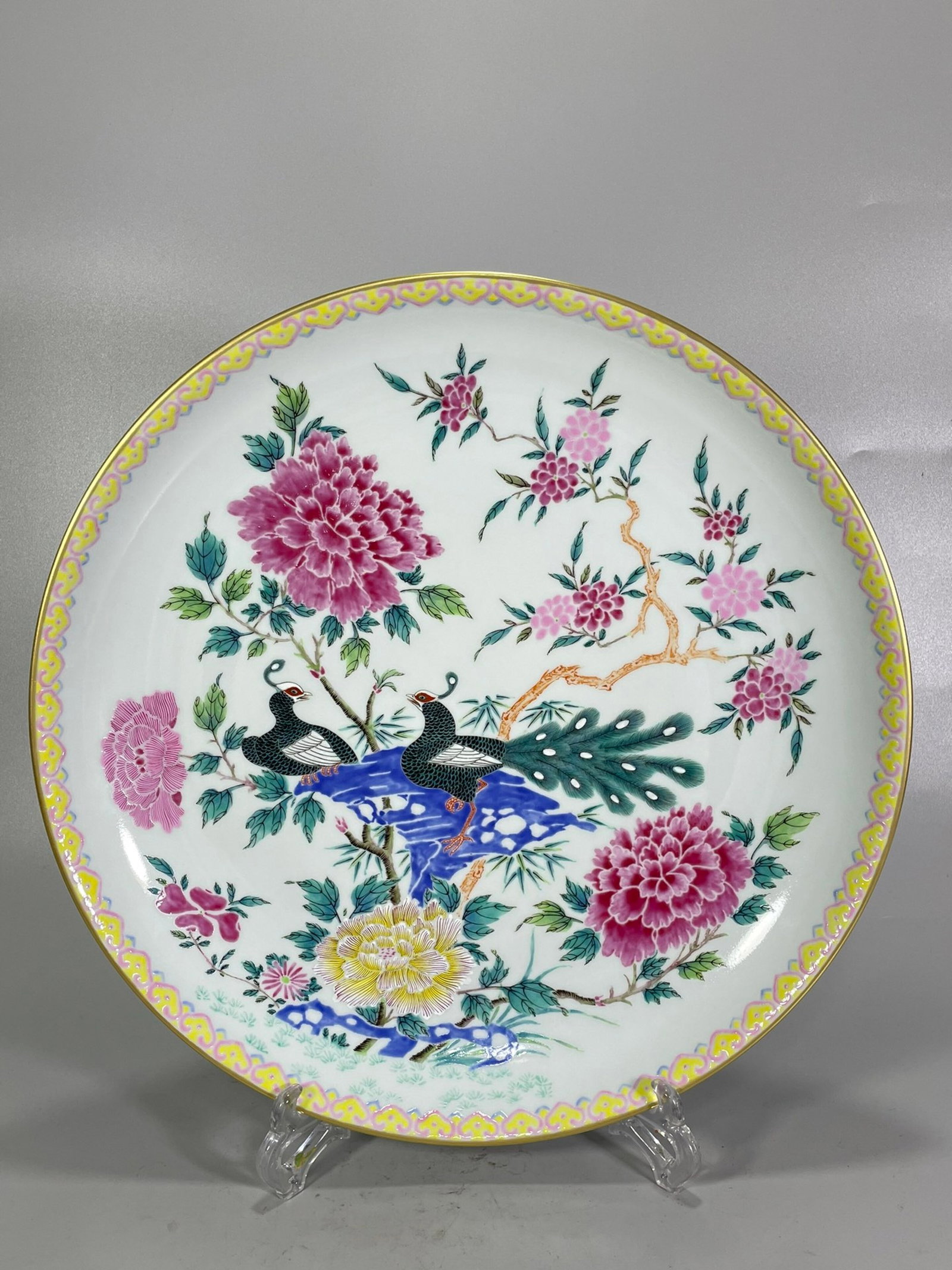 A Rare Famille-Rose Painted Gold Flower and Peacock Pattern Plate: A Rare Famille-Rose Painted Gold Flower and Peacock Pattern Plate,Qing Dynasty,China,Yongzheng Six-character Mark,Size:14.5in 粉彩描金花卉孔雀纹&#