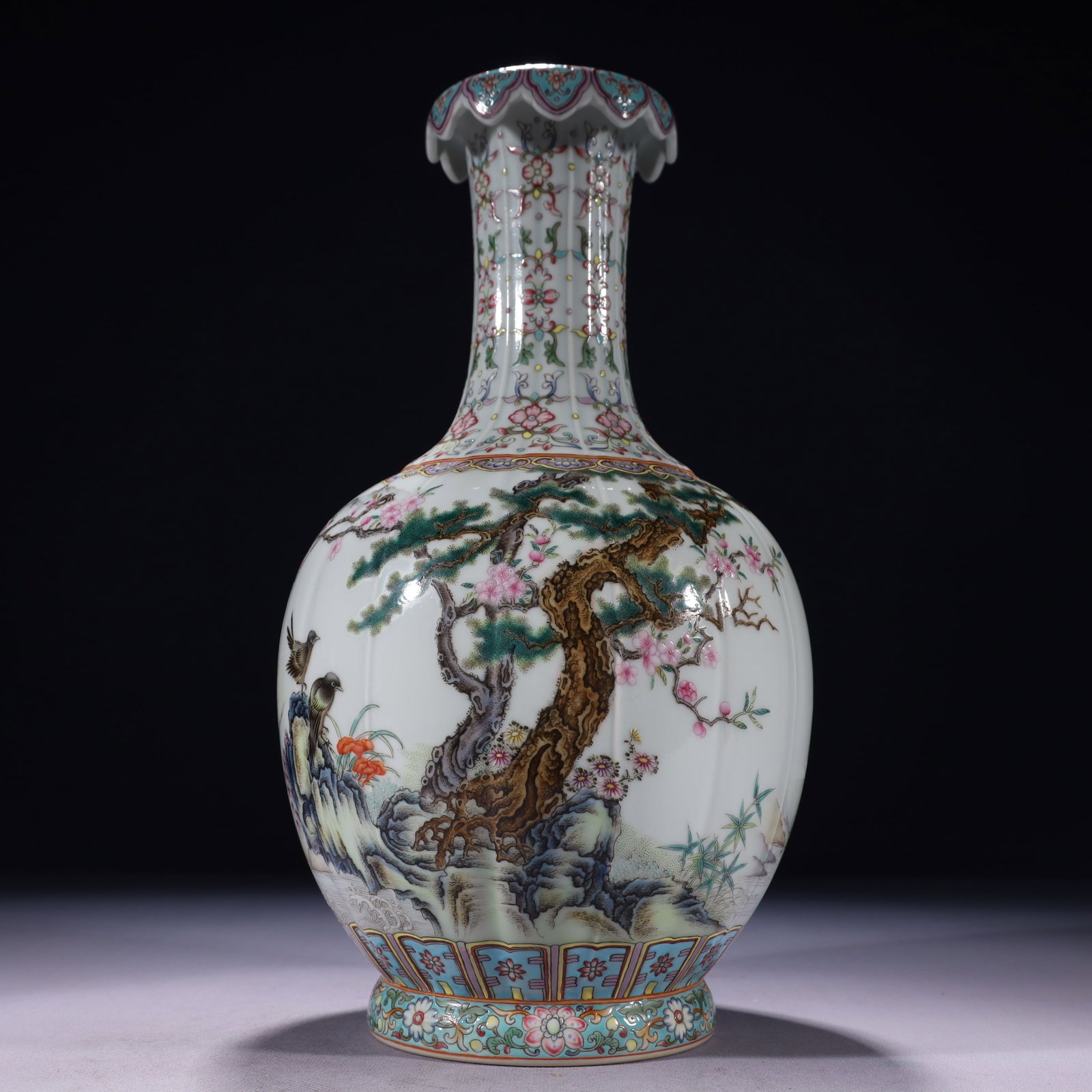 An Exquisite Famille-Rose Flower and Bird Pattern Vase,with poem: An Exquisite Famille-Rose Flower and Bird Pattern Vase,with poem,Qing Dynasty,China,Qianlong Six-character Mark,Size:6.3inx13.8in,Weight:2600g 粉彩花鸟纹瓶,带