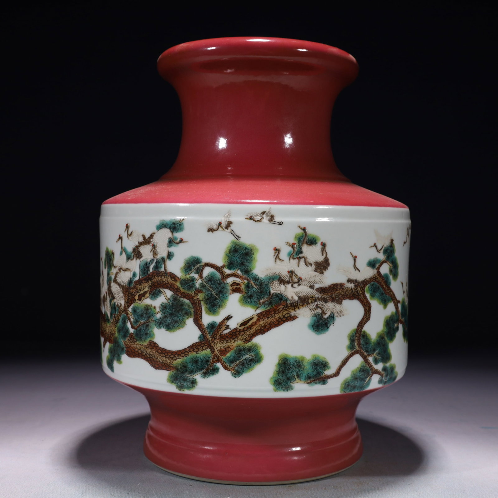 An Exquisite Ruby Red-Glazed Famille-Rose Painted Gold Pine and Crane Pattern Vase: An Exquisite Ruby Red-Glazed Famille-Rose Painted Gold Pine and Crane Pattern Vase,the Republic of China,With Mark,Size:8.3inx11.4in,Weight:3350g 胭脂红粉彩描ດ