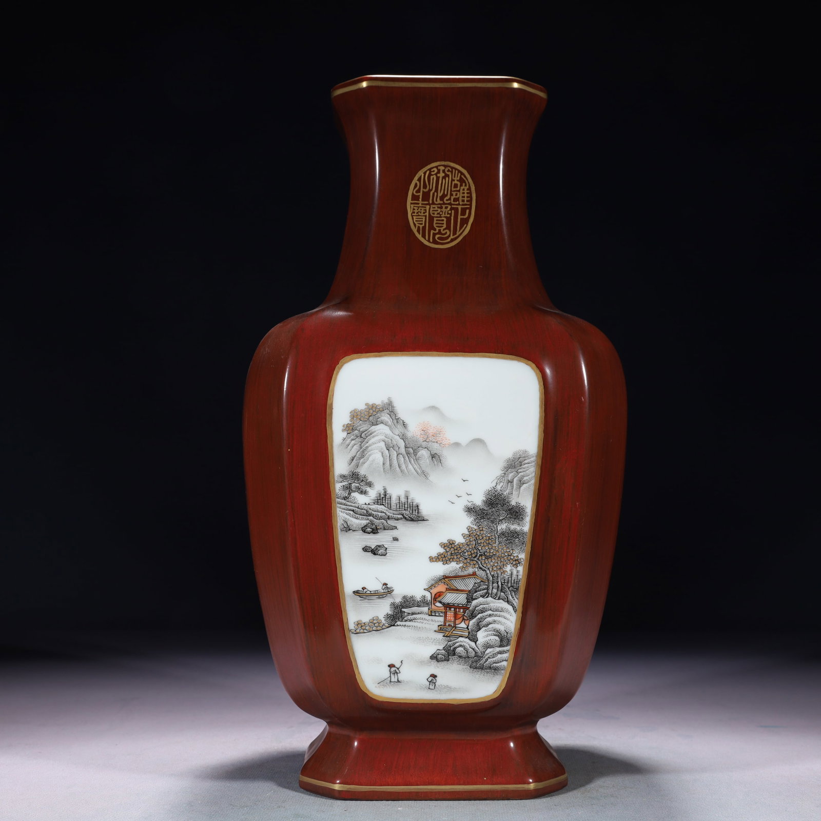 An Exquisite Imitation Wood Grain Glazed Ink Color Painted Gold Landscape and Figure Pattern: An Exquisite Imitation Wood Grain Glazed Ink Color Painted Gold Landscape and Figure Pattern Vase,with poem,Qing Dynasty,China,Yongzheng Six-character Mark,Size:6.7inx5.1inx13in,Weight:2400g 木&