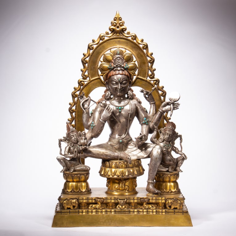 A Solemn Gilt-Silver Bronze Statue of Manjusri,Inlaid Turquoise,With Inscription (1 of 13)