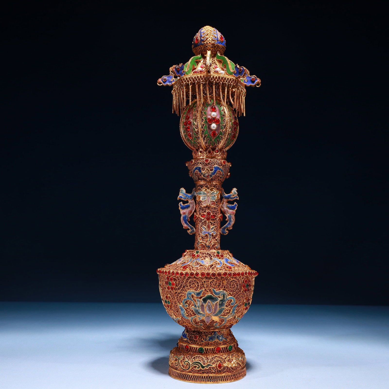 An Exquisite Filigree and Gilding Lotus Pattern Double-Ears Ornament,Inlaid Gems: An Exquisite Filigree and Gilding Lotus Pattern Double-Ears Ornament,Inlaid Gems,Qing Dynasty,China,Qianlong Four-character Mark,Size:4.3inx16.5in,Weight:950g