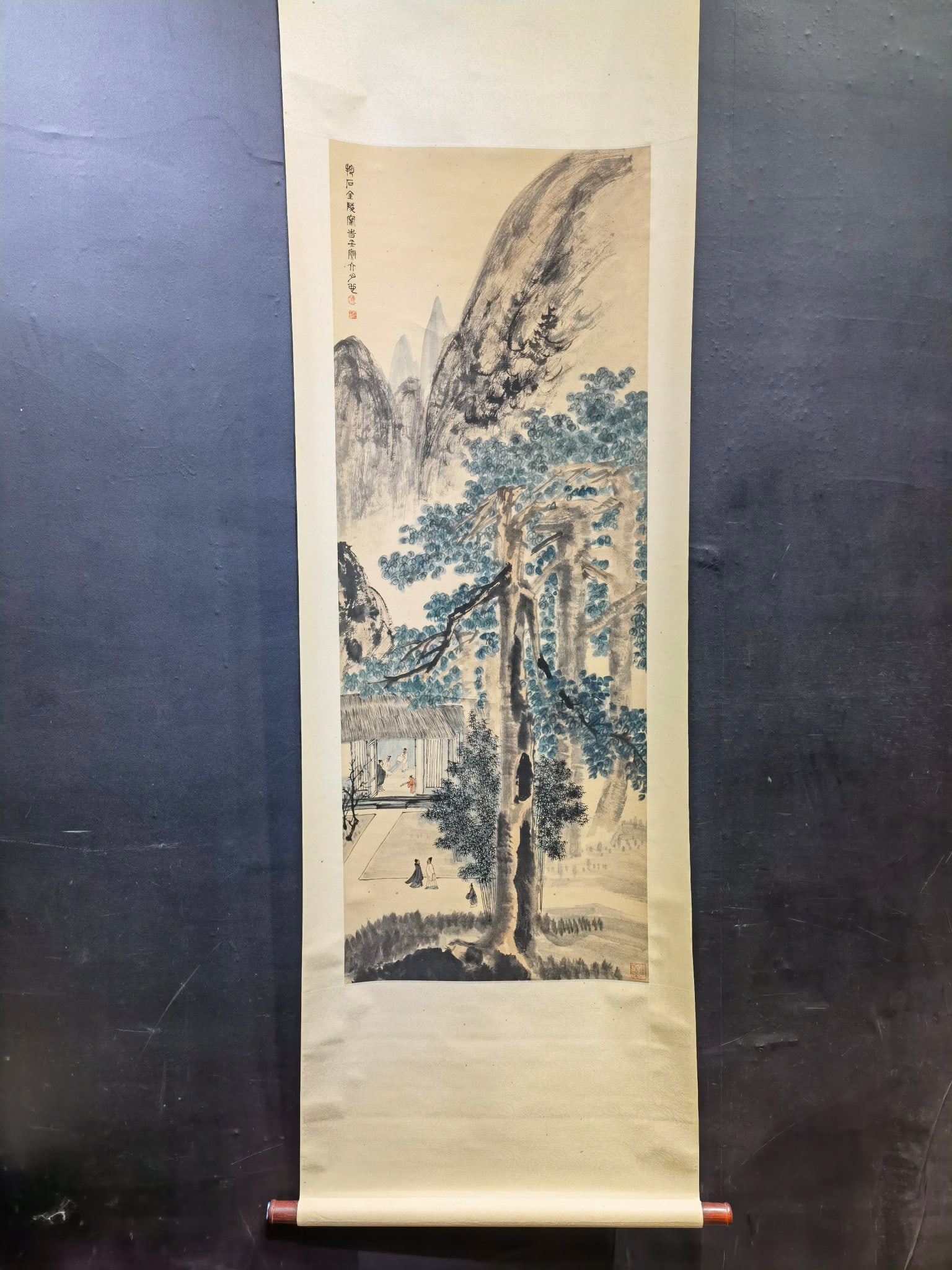 A Chinese Vertical Scroll Ink Painting of Landscape and Figure on Paper,Fu Baoshi: A Chinese Vertical Scroll Ink Painting of Landscape and Figure on Paper,Fu Baoshi,Size:19.6inx51.7in 一幅中国水墨山水人物画立